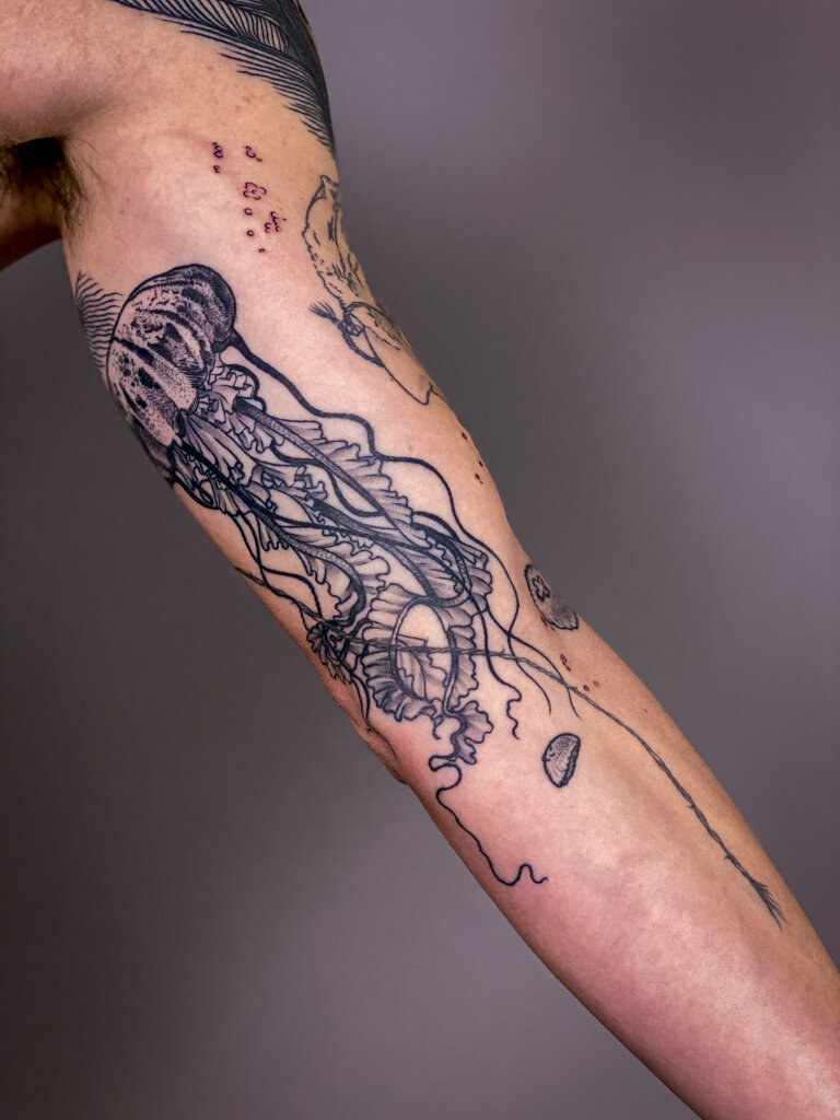 whale ocean lineart tattoo sleeve 3