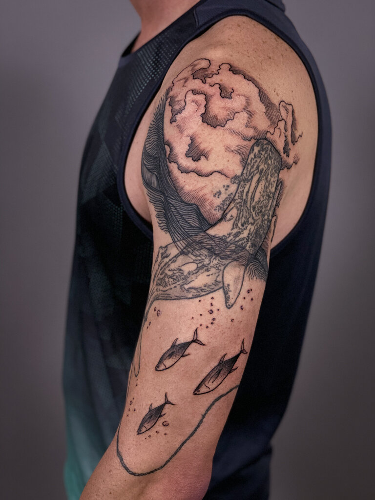 whale ocean lineart tattoo sleeve 4