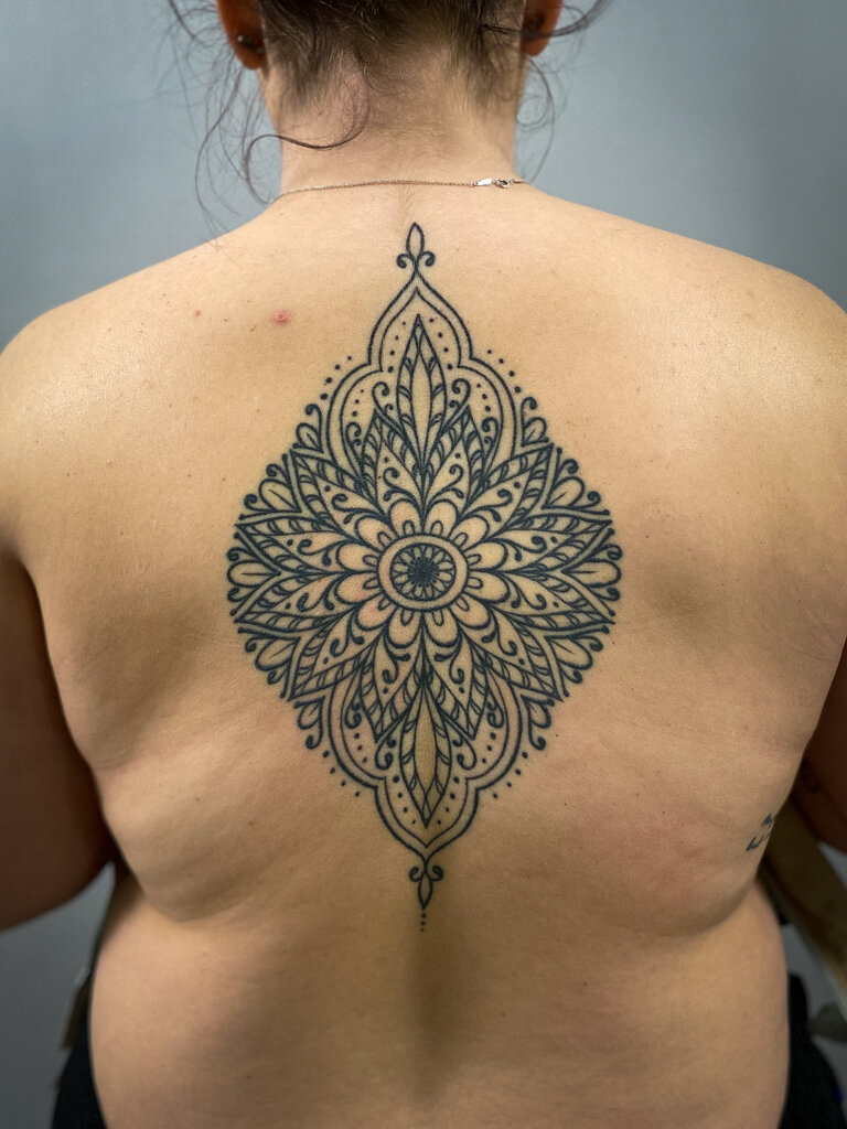 Diamond Floral Mandala back tattoo 2