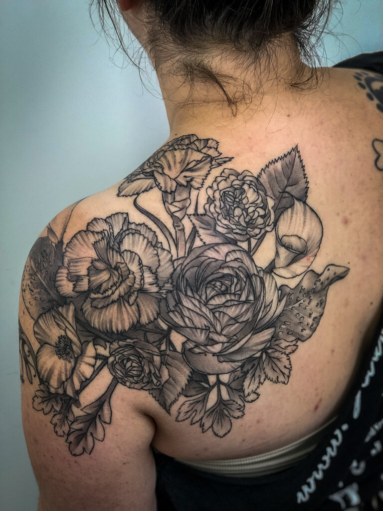 Black and Grey Floral Shoulder Tattoo 1