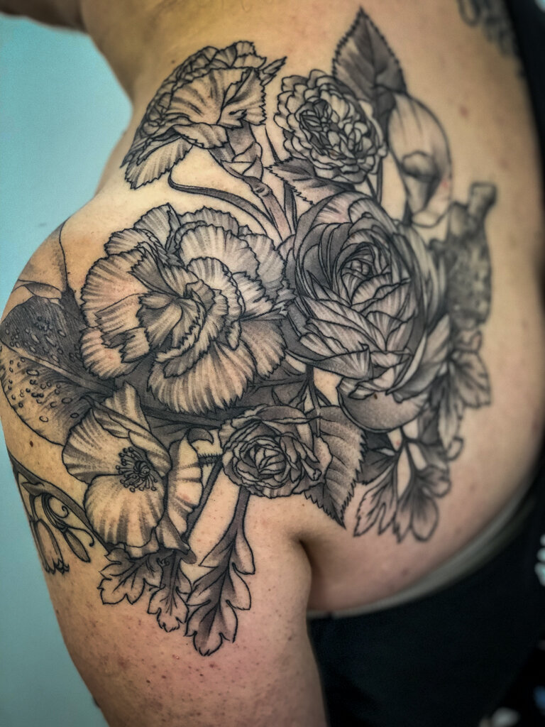 Black and Grey Floral Shoulder Tattoo 2