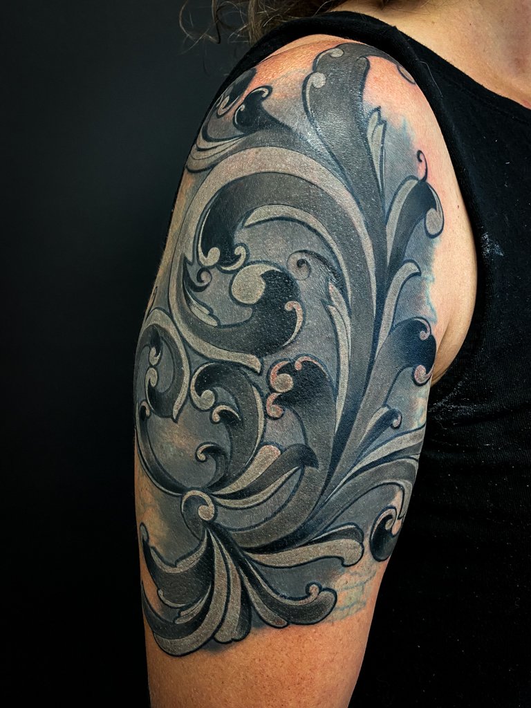 Black and Grey Rosemaling Tattoo 1