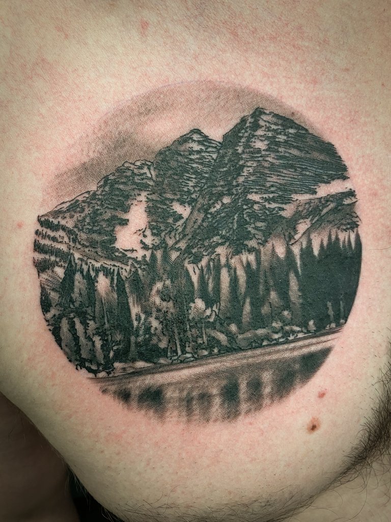 Mountain and Lake Blackwork Landscape Tattoo