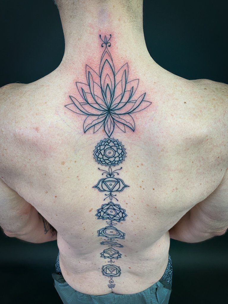 Lineart Chakra Spine Blackwork Tattoo 4