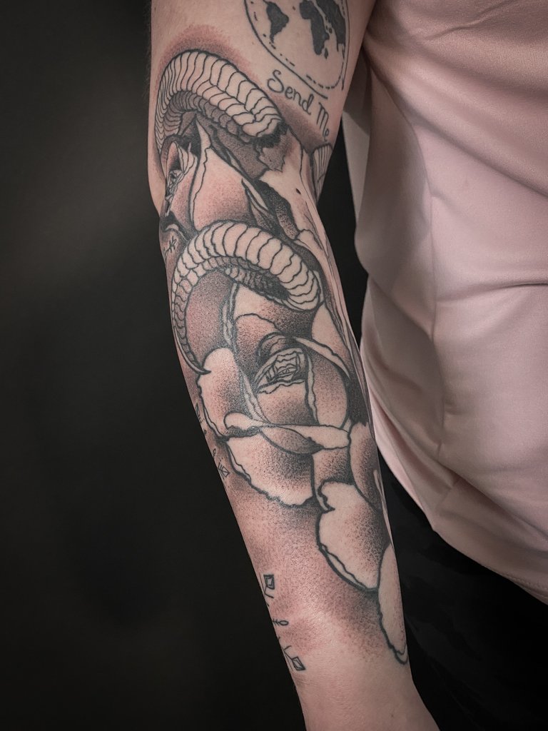 Aries Ram Skull and Flowers Dotwork Tattoo 3