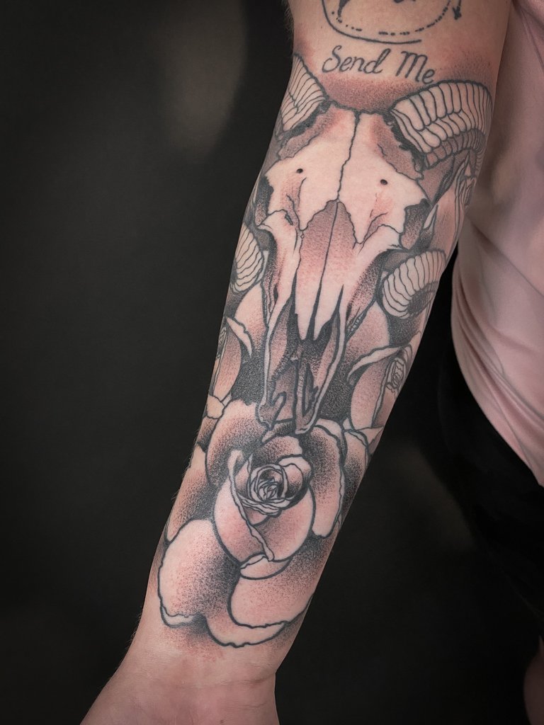Aries Ram Skull and Flowers Dotwork Tattoo 1