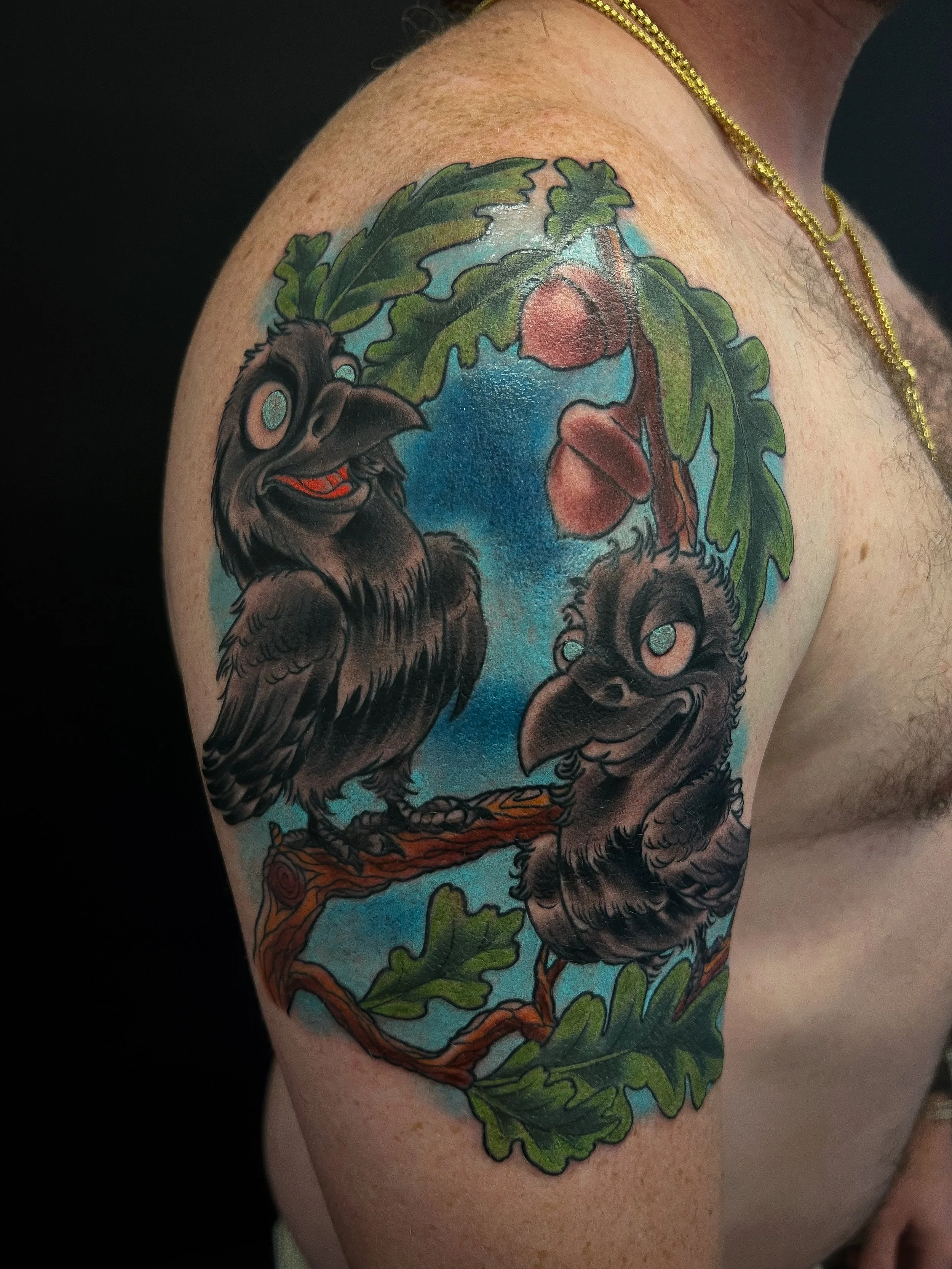 Neotraditional cartoon black ravens tattoo.jpg