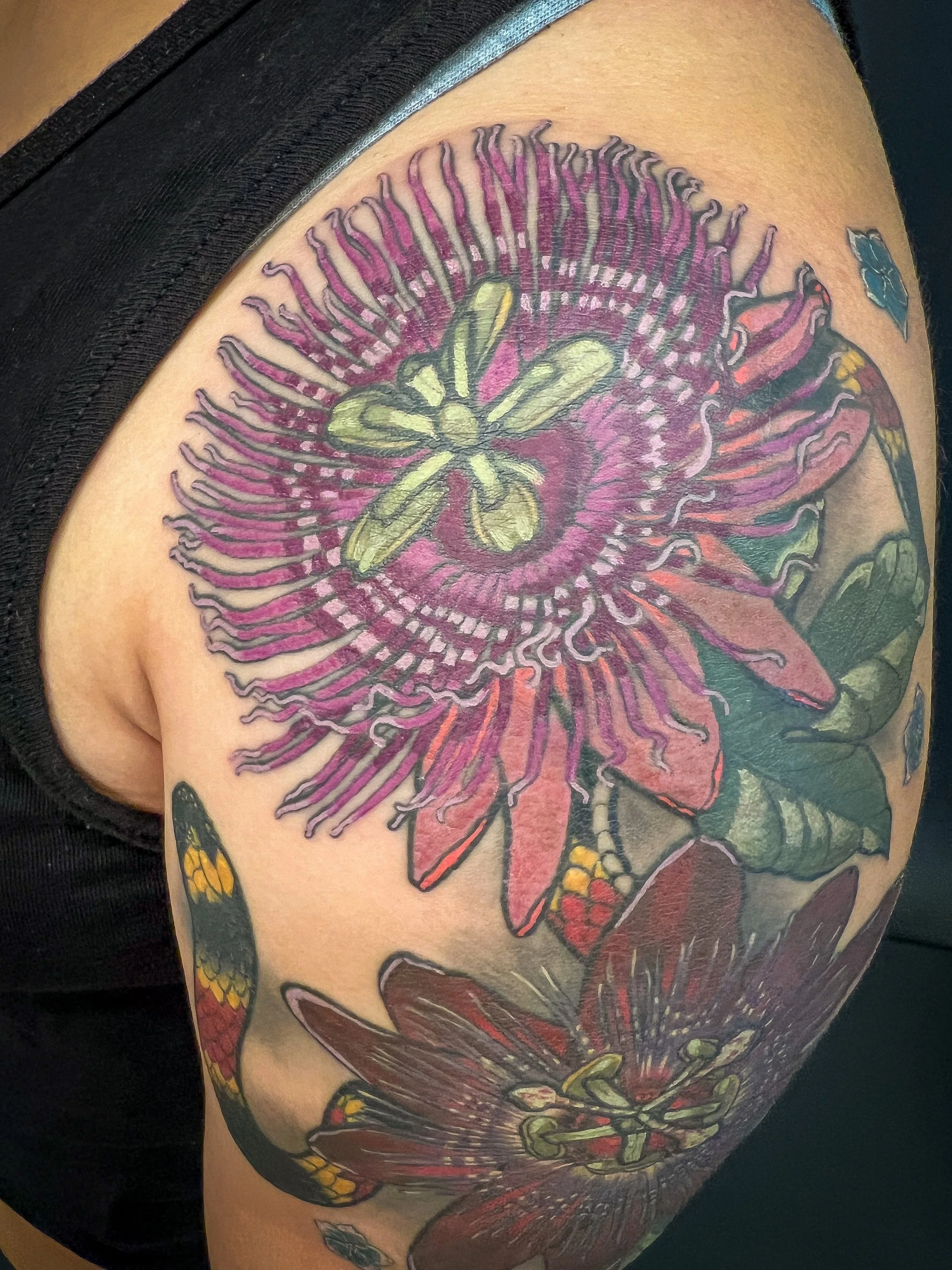 Passion flower and coral snake tattoo