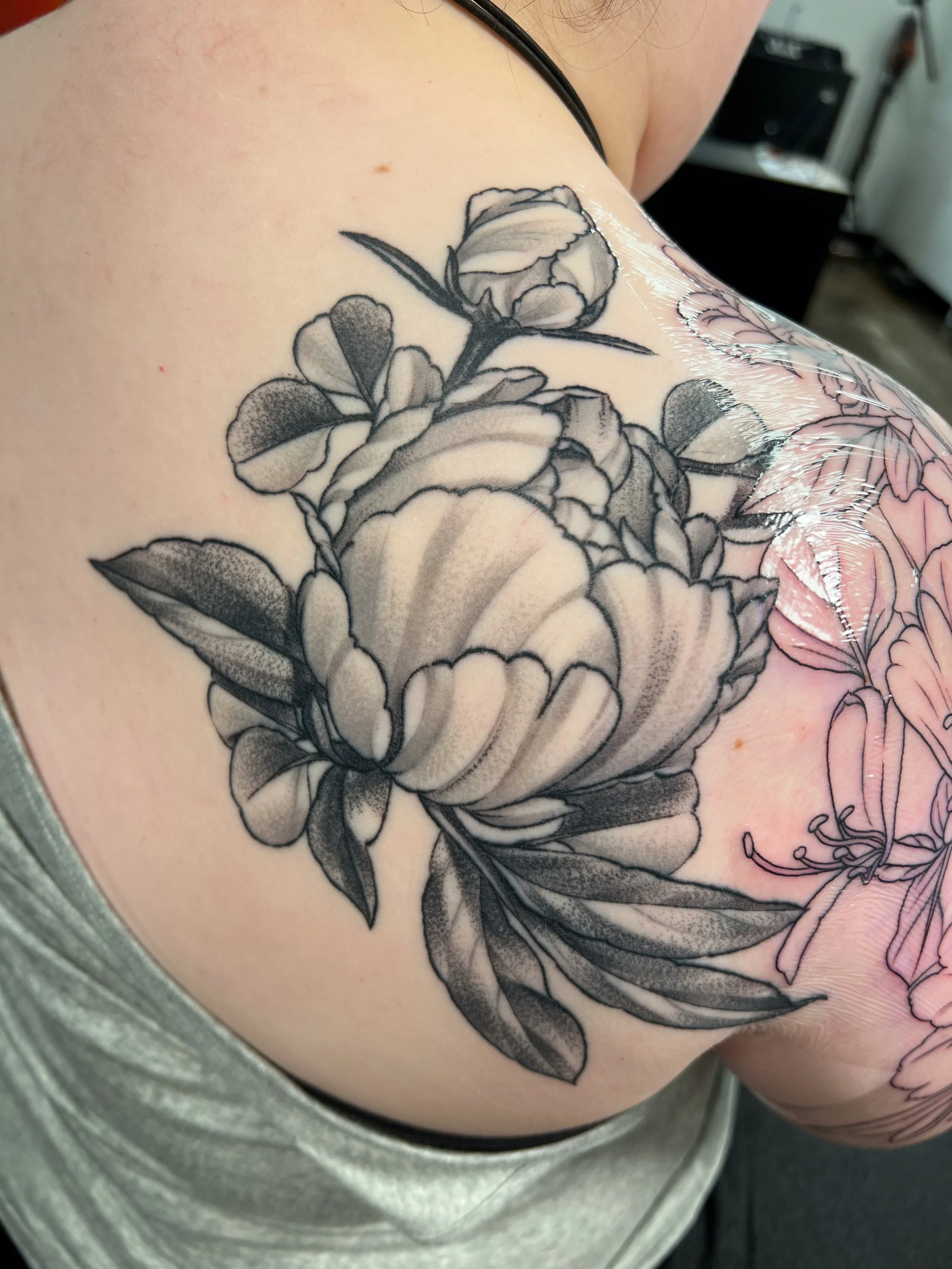 Black and Grey peony shoulder tattoo