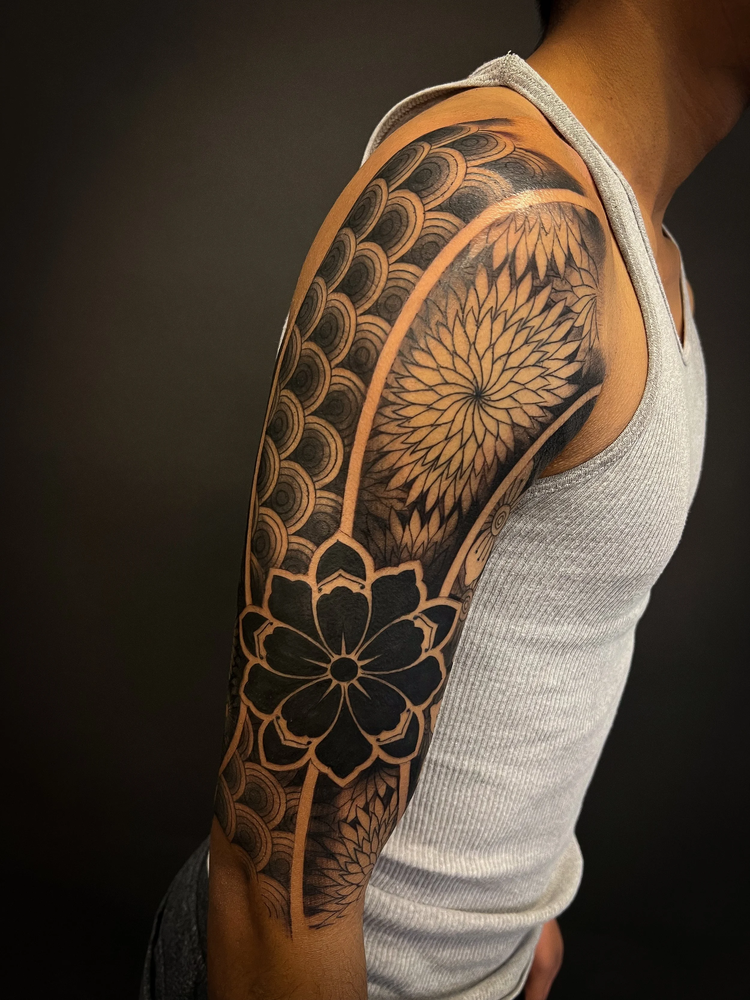 Japanese geometric lineart tattoo