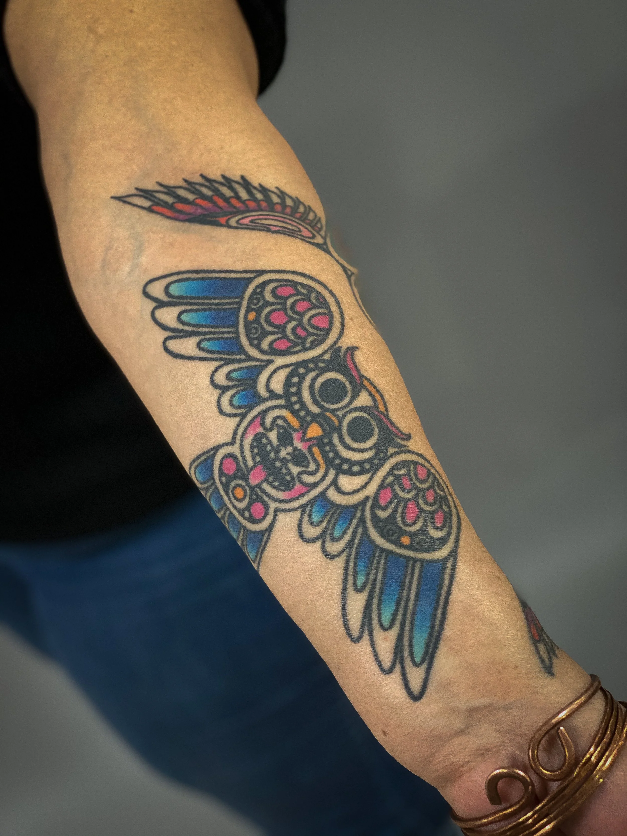 Haida tattoo hummingbird and owl forearm-2.jpg