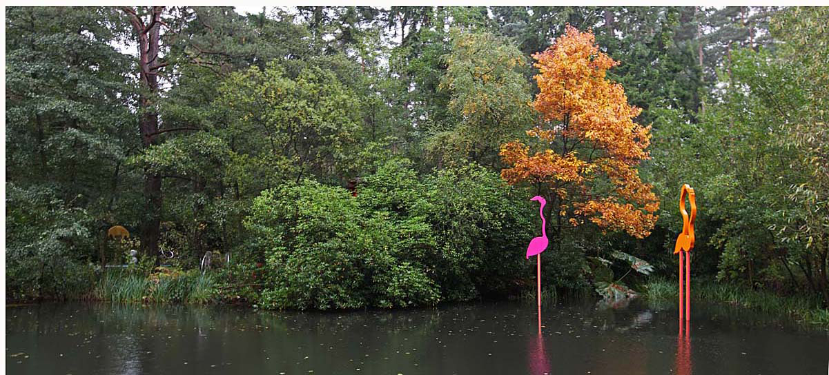 Flamboyance of Flamingos. Painted steel. (Image: courtesy The Sculpture Park) Large orange pair, 5 metres high x 1.5 metres wide. Set on a submersible, separate, galvanised steel platform. Large pink single, 5 metres high x 1 metre wide. Set on a submersible, separate, galvanised steel platform.