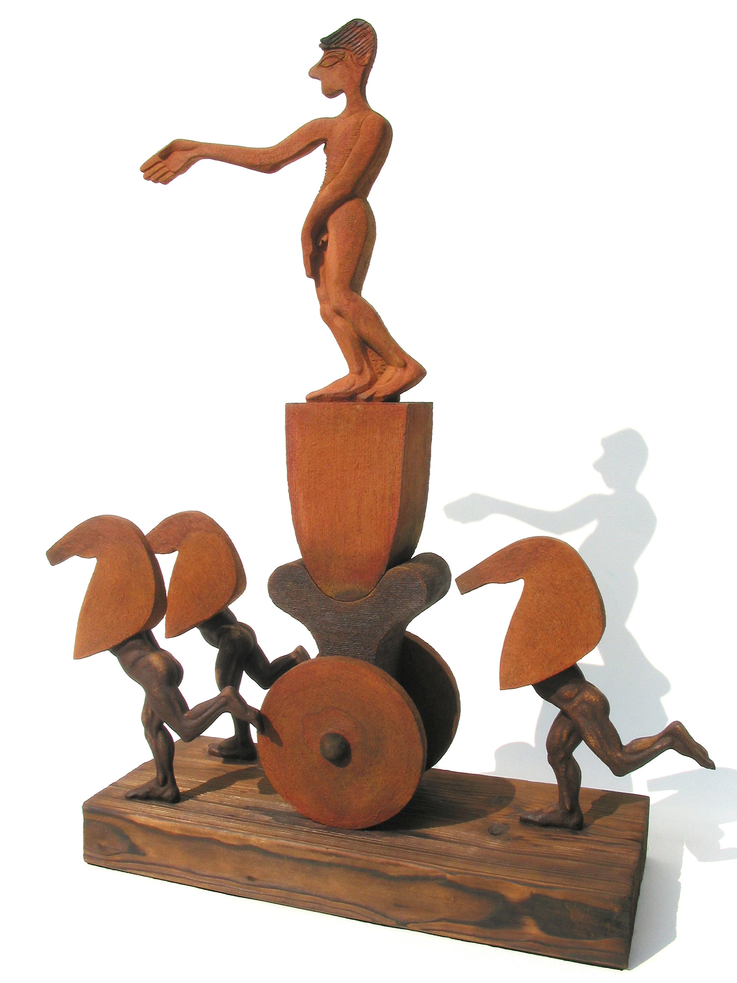 Sheba © 91 cm high x 73 cm wide Unique. The queen or goddess figure is a creature of uncertain gender - a hermaphrodite - depending on which side you are viewing the piece. The chessmen horses could be captives or captors, but “I believe this is a She-Who-Must-Be-Obeyed.”