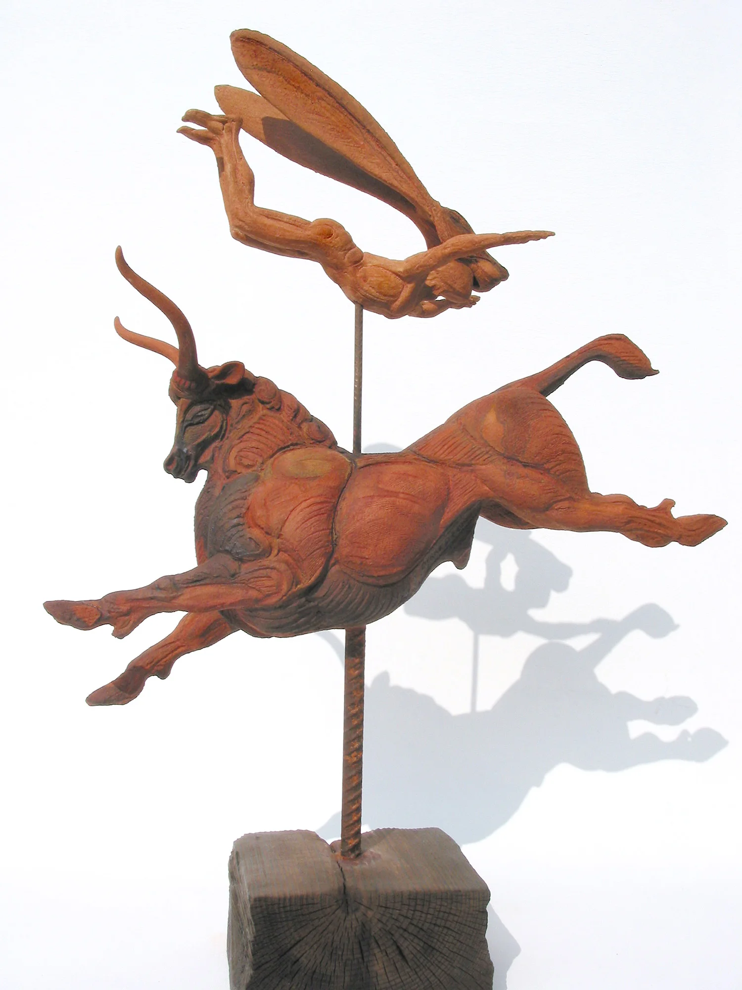Minoan I – Haredevil © 93cm high x 70cm wide Unique This bull would make an ancient Cretan bull-acrobat feel at home, but this is a leap into fantasy: this daredevil, hare-masked figure is flying into Lewis Carroll’s Wonderland.