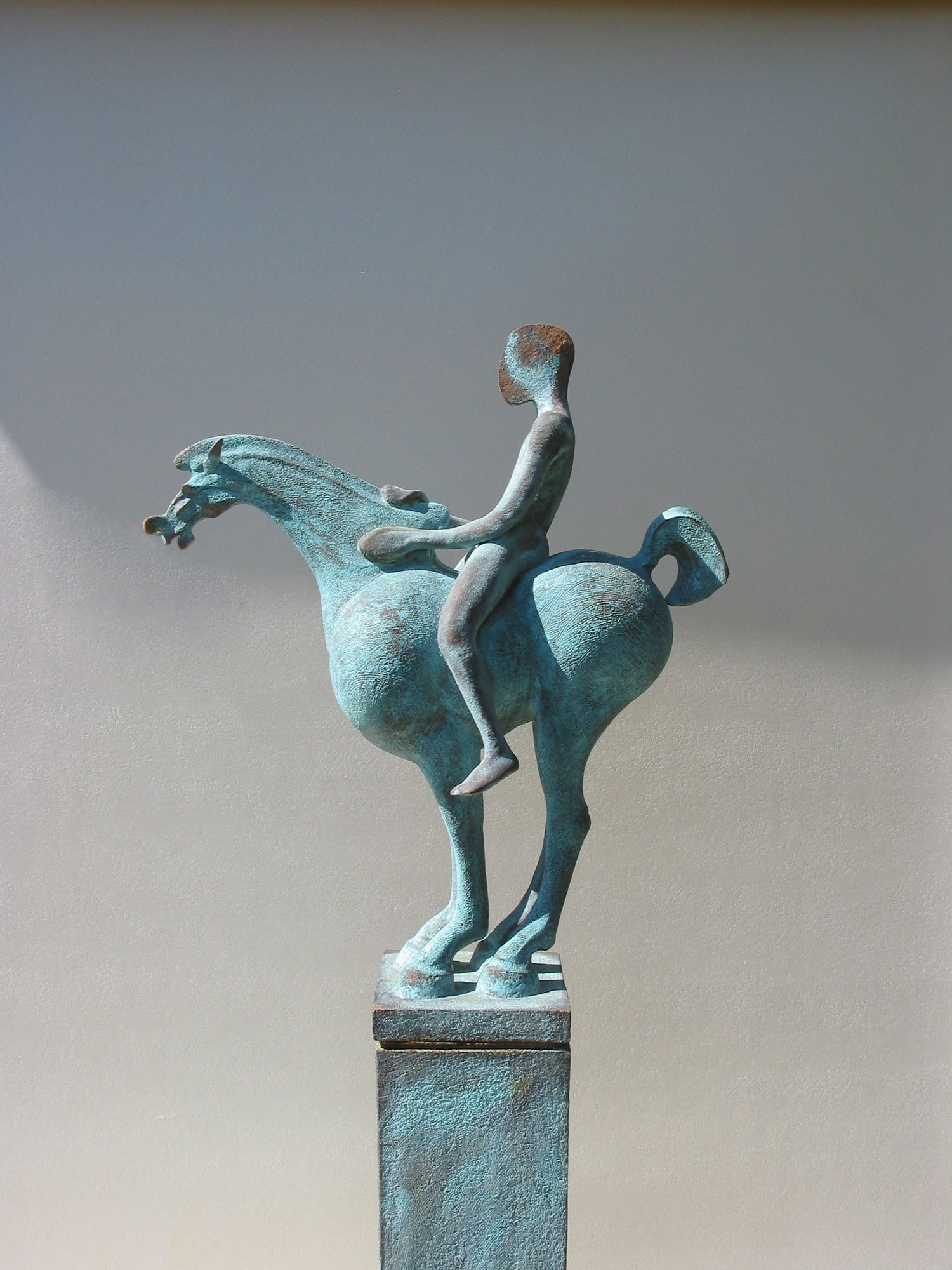  Chloros &nbsp; ©  126 cm high x 50 cm wide  Unique  Chlorus - Greek lexicon for pale green. The piece takes its energy from a Chinese dynamic, though paradoxically it is hauntingly still.  The horse’s head is diminutive - a classical technique which