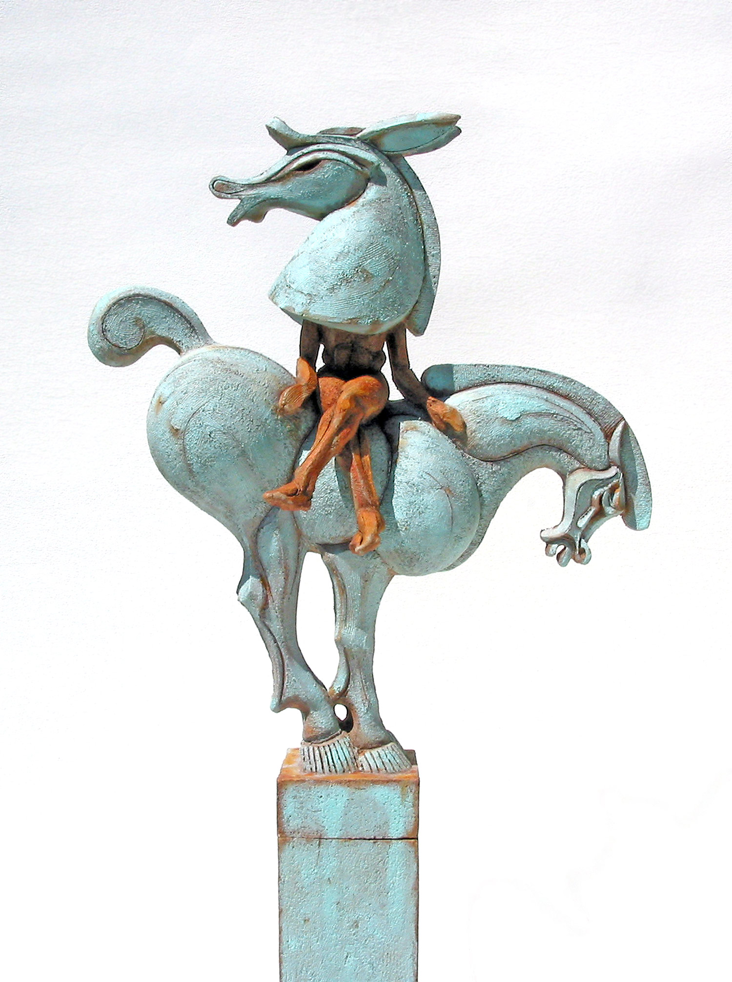 “The notion of putting a Bottom in repose, on a pedestal appealed to my sense of the absurd – making the misplaced à propos and credible.” This work alludes to Oberon’s speech to Puck in Shakespeare’s Midsummer Night’s Dream where Bottom’s fate is sealed. Chronologically, of course, the small- headed Tang Horse doesn’t belong in this story, though somehow, it sits well together.