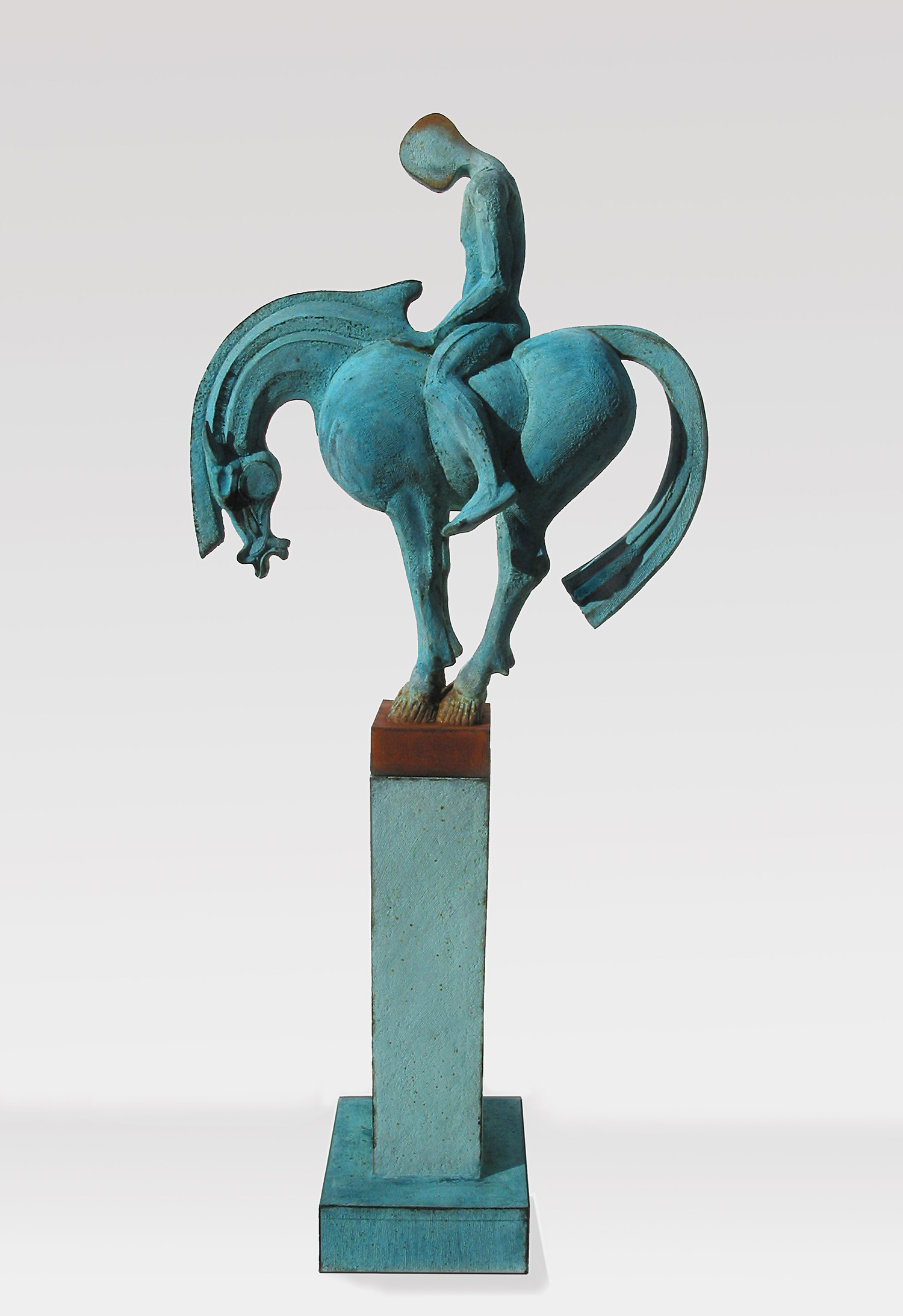 Tang Blue &nbsp; ©  118 cm high x 51 cm wide  Unique  Diamantopoulo has taken the basic long-necked Tang Horse form and counter-balanced it, more or less exactly, with an atypical extended tail so that it stands precariously like a vase on a plinth 