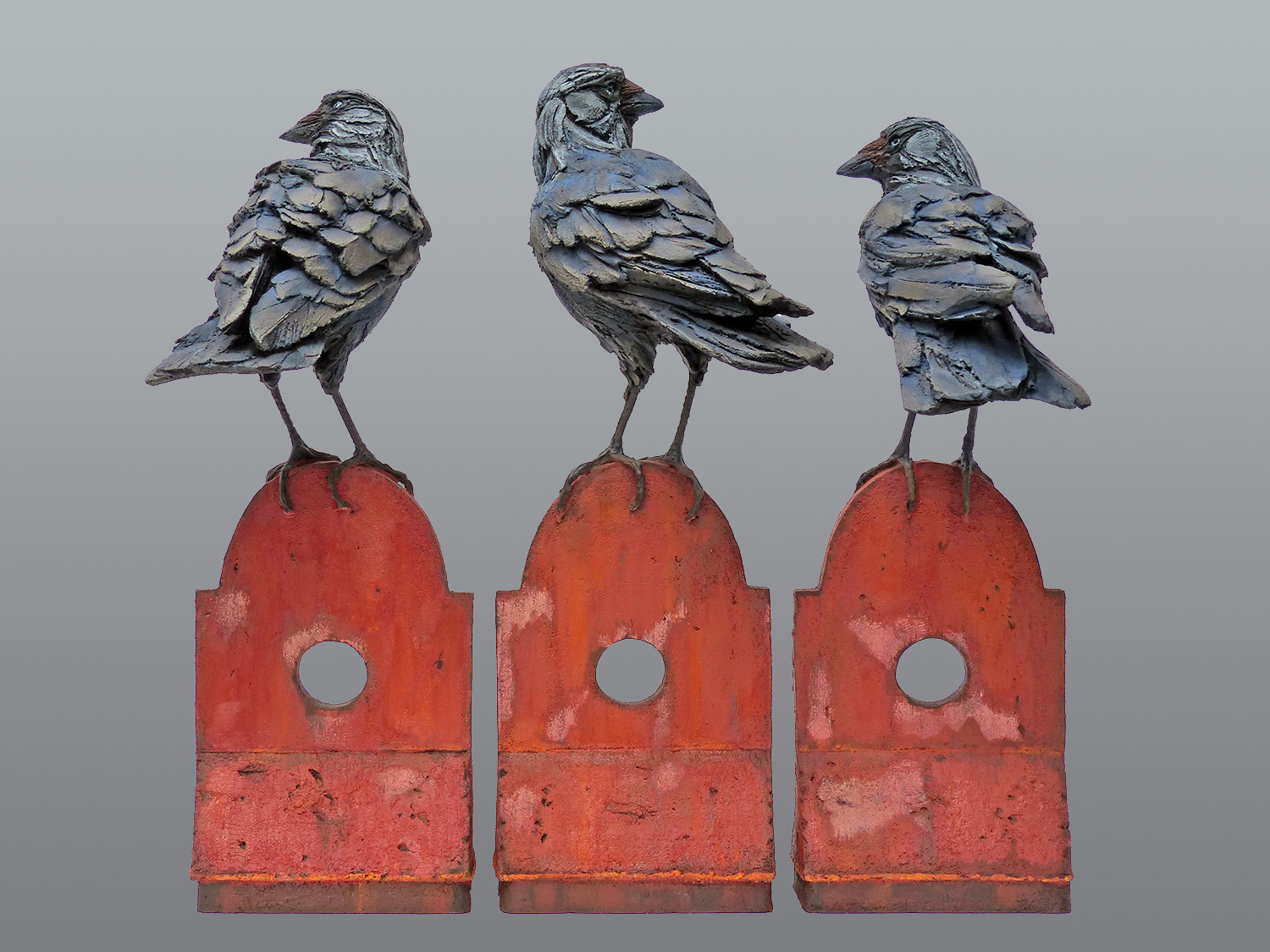  Three Watchers (Jackdaw Group)&nbsp;&nbsp; ©  59 cm high x 50 cm wide &nbsp;  (single typically 59 cm high x 22 cm wide )  Unique 