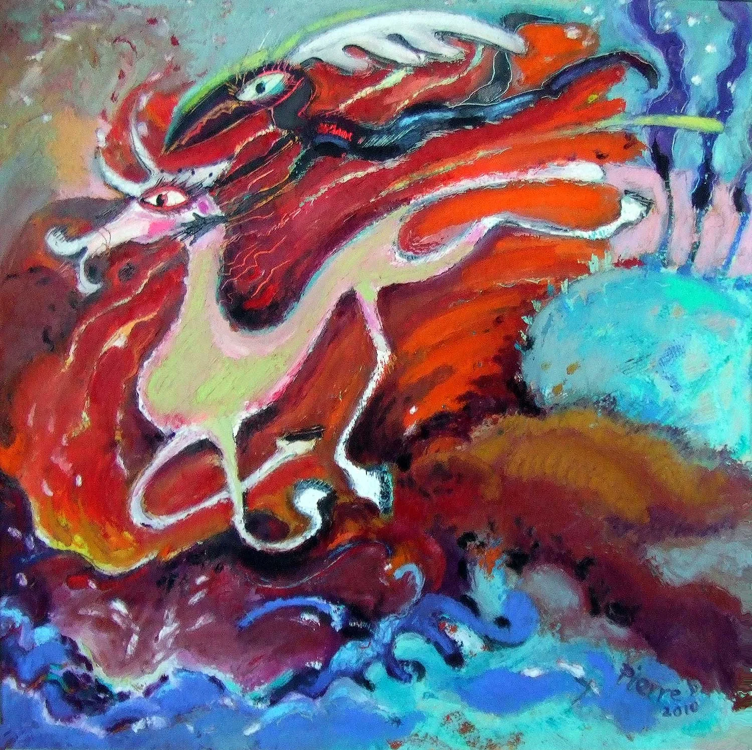 Fire Horse © Oil and oil pastel on fine paper 38 cm high x 38 cm wide "The exaggerated, tangled legginess of this lime-white horse makes it all the more vulnerable in the clutches of the Harpy."