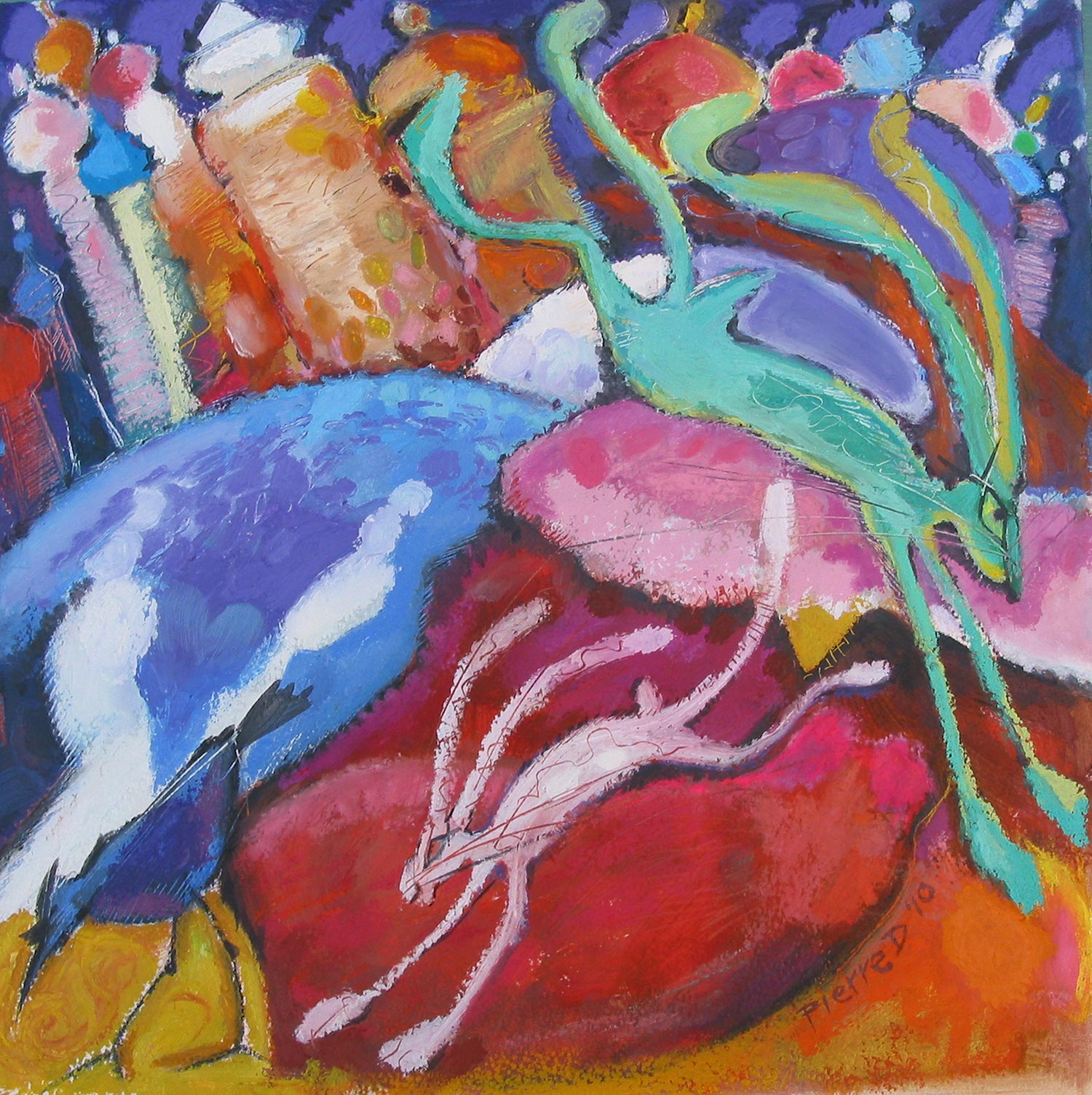 Wassilly Hare &nbsp; ©  Oil and oil pastel on fine paper  38 cm high x 38 cm wide  "Silly and Wassily, both. The early Kandinsky influence is all too present in the landscape, and admitedly, there's also something of Chagall there..." 