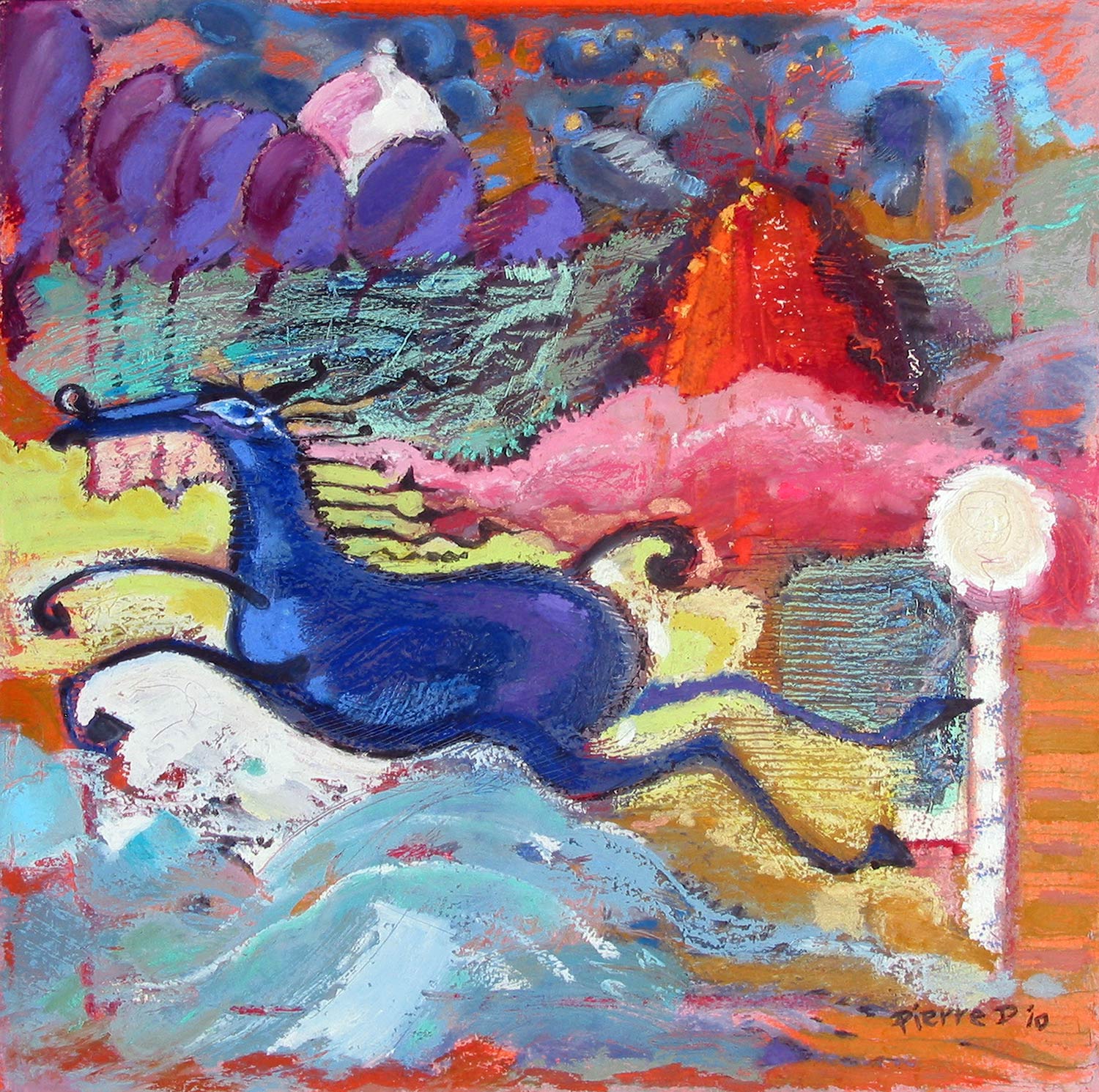  The Blueberry Horse &nbsp; ©  Oil and oil pastel on fine paper  38 cm high x 38 cm wide  "I was taken by the blueberry bloom of the background trees and built the palette around those.  This horse bolts freely from everything I know about horse anat