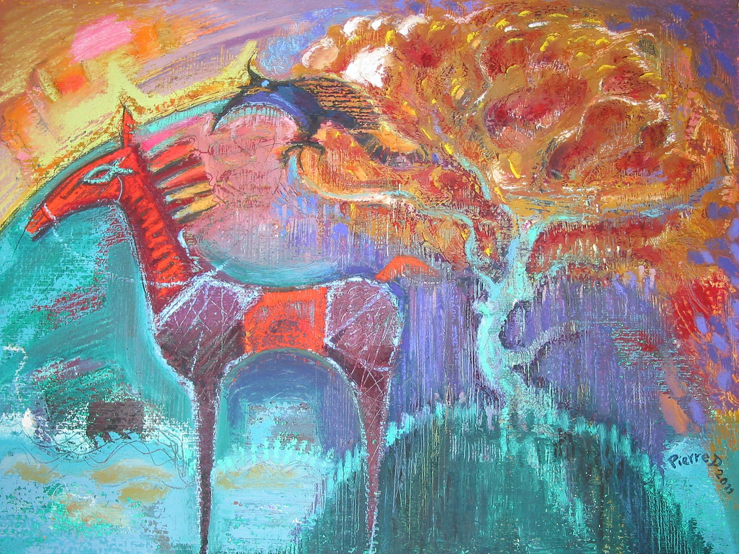The Fish Eye Horse © Oil and oil pastel on fine paper 36 cm high x 47.5 cm wide The fish eye is both a hieroglyph and the Greek Ichthus, echoed in the eye of the watching harpy-crow which is looming ominously in the raining flame tree on the mount. On the horizon, the curvature of the earth is lit by an atomic sunset.