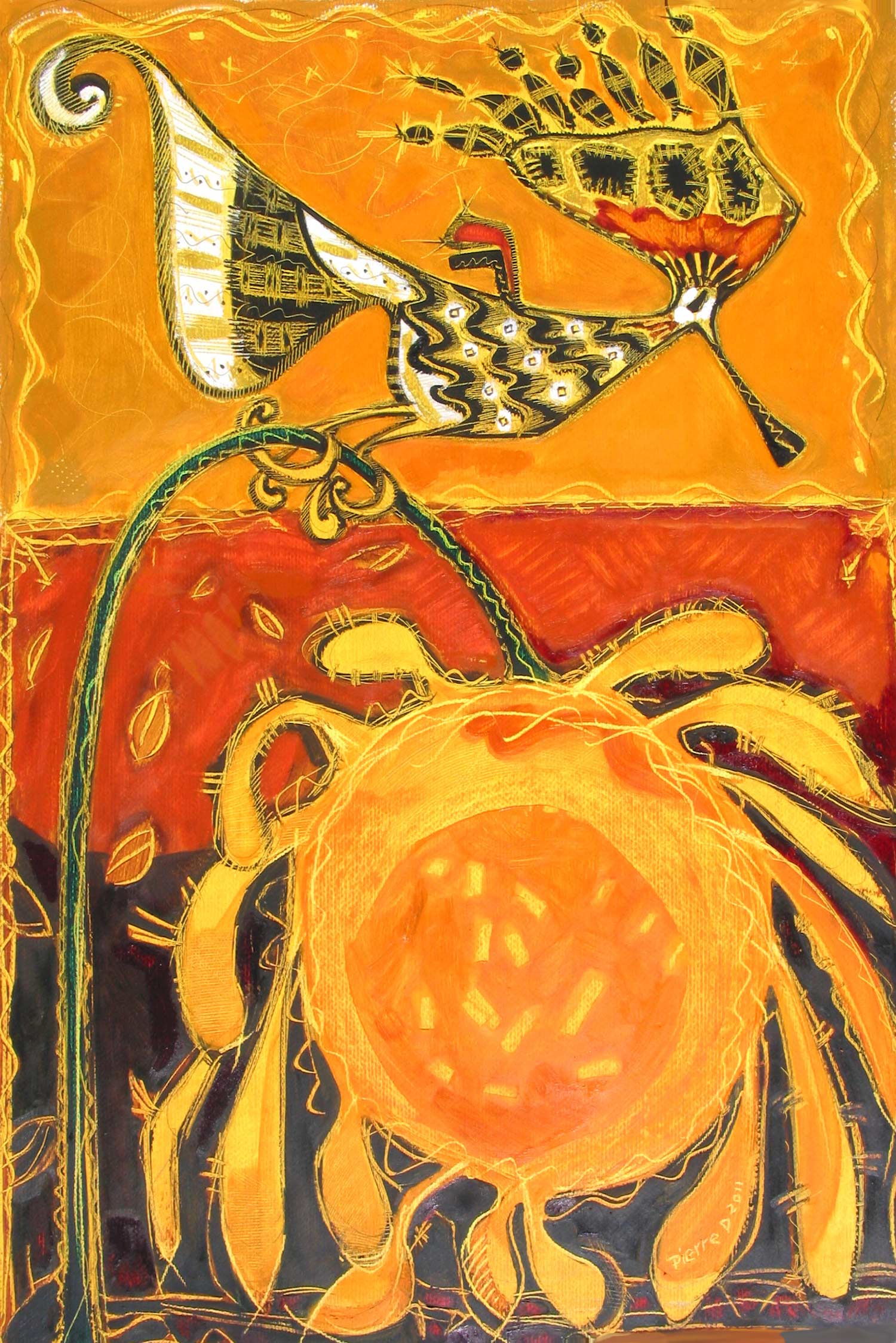 Hoopie Gold Bird © Oil on fine paper 90 cm high x 61.5 cm wide "I couldn’t resist this title – apologies to the Hoopoe Bird. This batik-like image turned out to have the striking colours that Nigerian women have on their gowns. The sunflower is very freely done. The Hoopoe Bird was often depicted on Egyptian tomb walls."