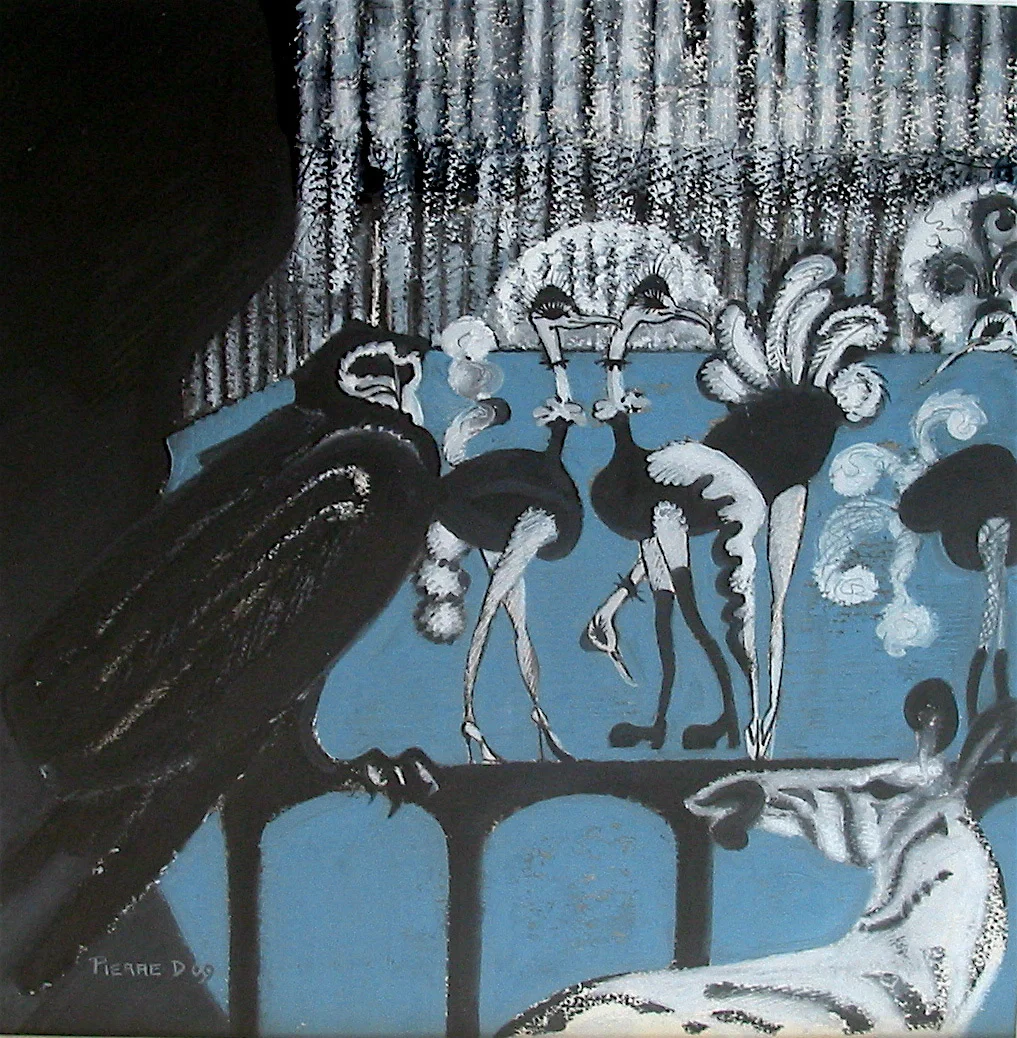 Ballet d'autruche (Act l) © Oil and oil pastels on fine paper 38 cm high x 38 cm wide Act l - The ostriches who have forever had their stolen feathers ruffled on the human stage, at last claim the limelight for themselves. Anthropomorphising them unashamedly, they are natural performers, with dancer's legs, long necks, big eylashes and attitude. In the audience is a benign zebra, never a predator, unlike the dark agent in the wings.