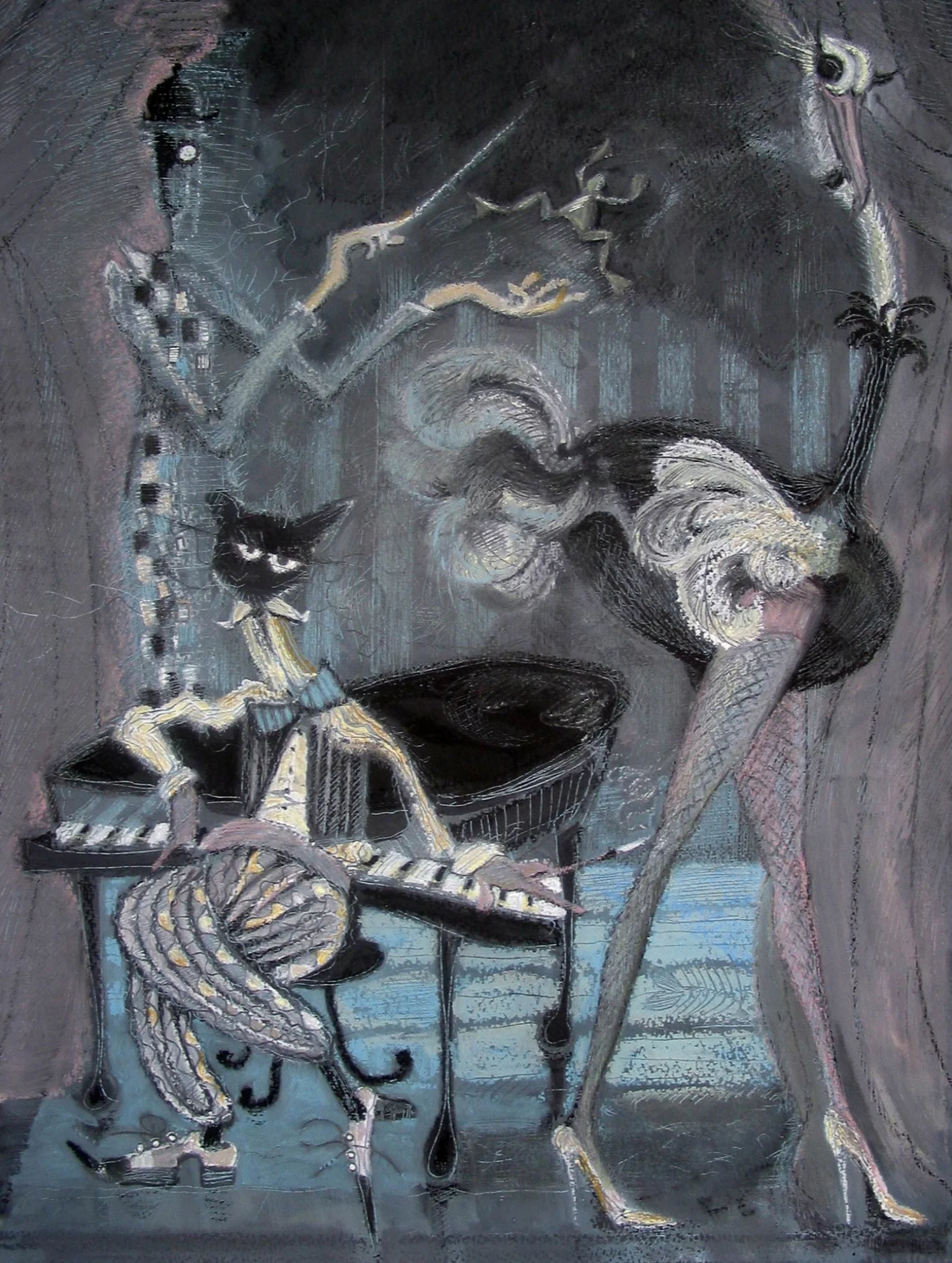 Ballet d'autruche (Act ll) © Oil and oil pastels on fine paper 90 cm high x 60 cm wide approx. Act ll - The jazzy Piano Cat is inspired by Behemoth, the mischievous devil cat in Bulgakov's novel. The monocled figure in the ill-fitting chequer suit, with pork pie hat, is the Beast . The formidable ostrich in fishnets has a walk on part, but steals the show from the devil himself.