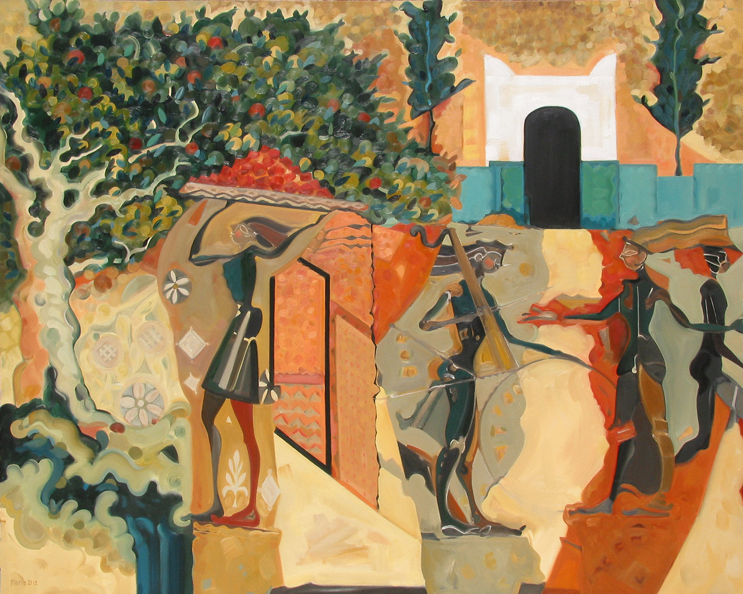  Amphora Dreams I The Pomegranate Tree &nbsp; ©  Oil on canvas  120 cm high x 150 cm wide  Amphora Dreams l, ll, and lll is a triptych - the images are connected by the walls of a Persian garden, and connected in theme by three trees.  The figures ha