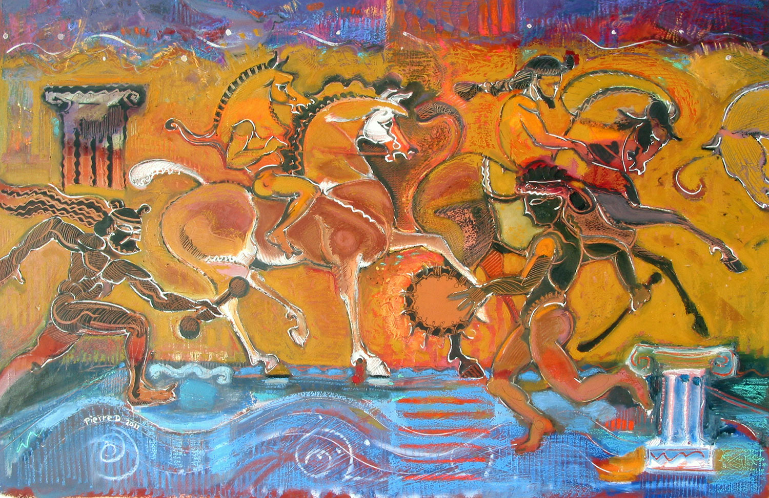  Pandemonium &nbsp; ©  Oil and oil pastel on fine paper  61 cm high x 91 cm wide  A Greco-Roman Bacchanalia, or a scene in Pandemonium – the city of darkness in John Milton’s epic poem 'Paradise Lost'.  The image is a chaotic parade of circus acts an