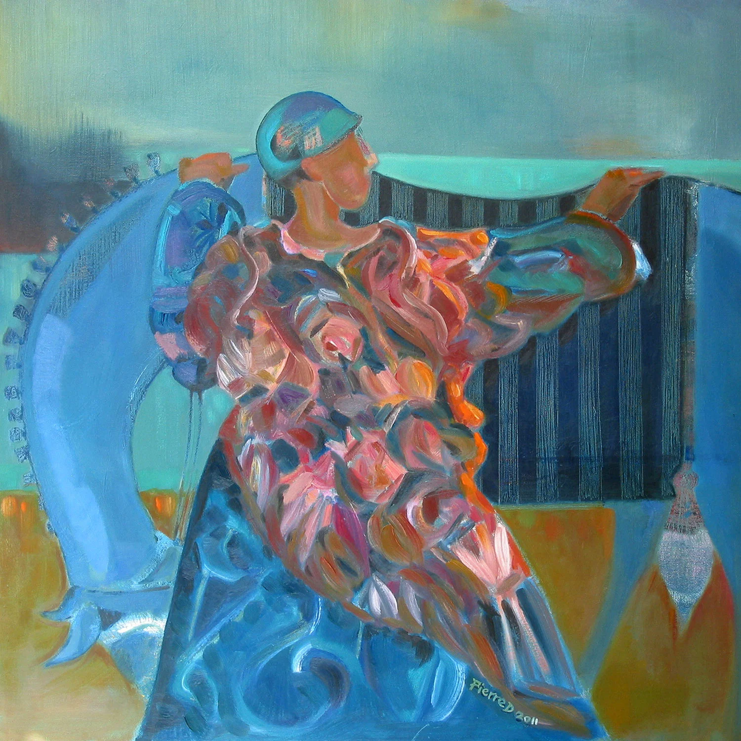 Persian VlII The Dreamcoat © Oil on canvas 70 cm high x 70 cm wide The figure is of ambiguous gender but the coat is Jacob’s. "This image emerged because I was developing the floral blanket and carpet motifs and trying to find a new expression for this. I ended up with a far-away, dreamy image."