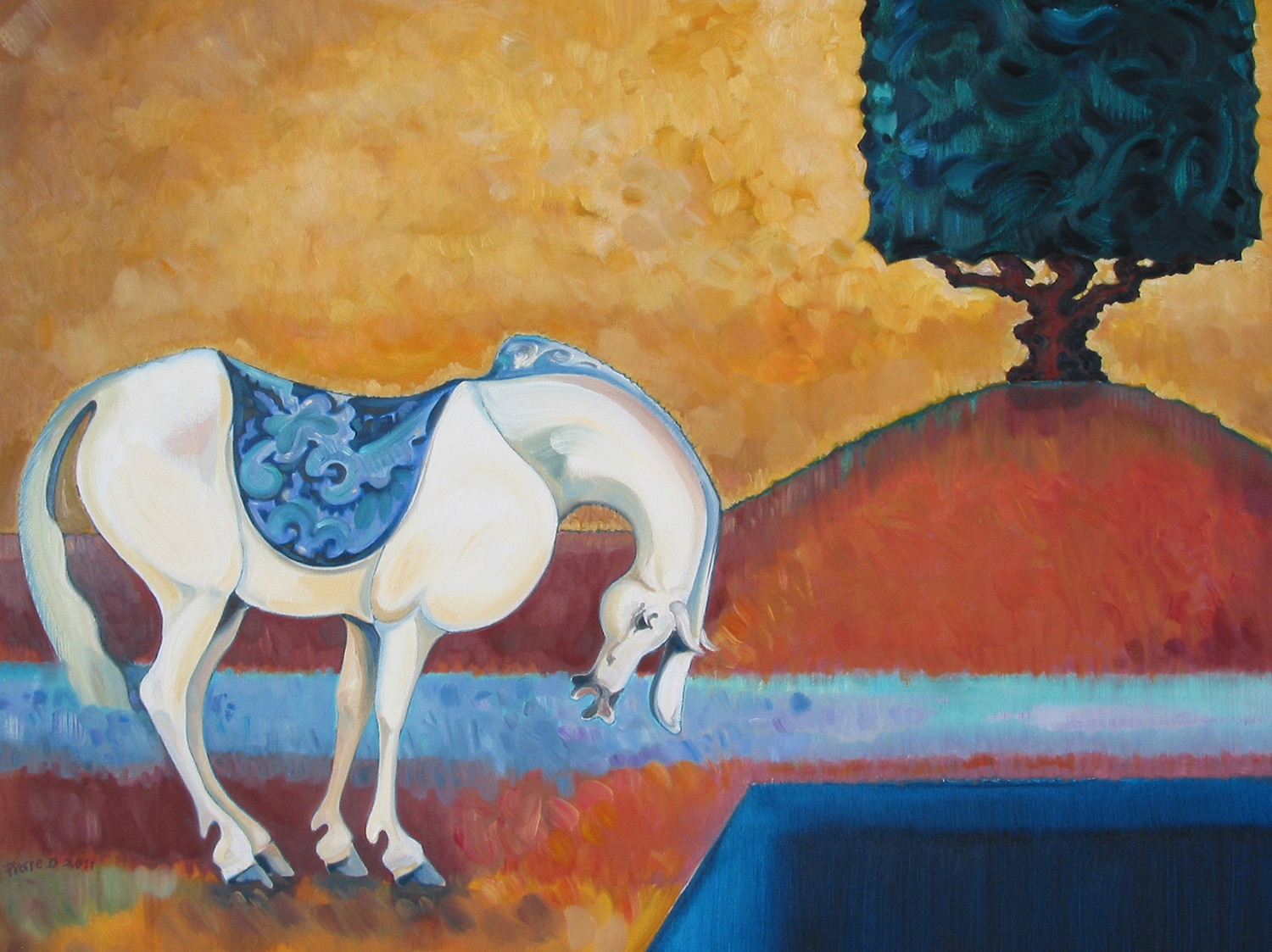  Persian lll The Yew Tree &nbsp; ©  Oil on canvas  80 cm high x 100 cm wide  "I wanted to see if I could find the silence in the earlier "Walnut Tree" painting and place it in this painting, together with the fragile, ceramic roundness of the horse".