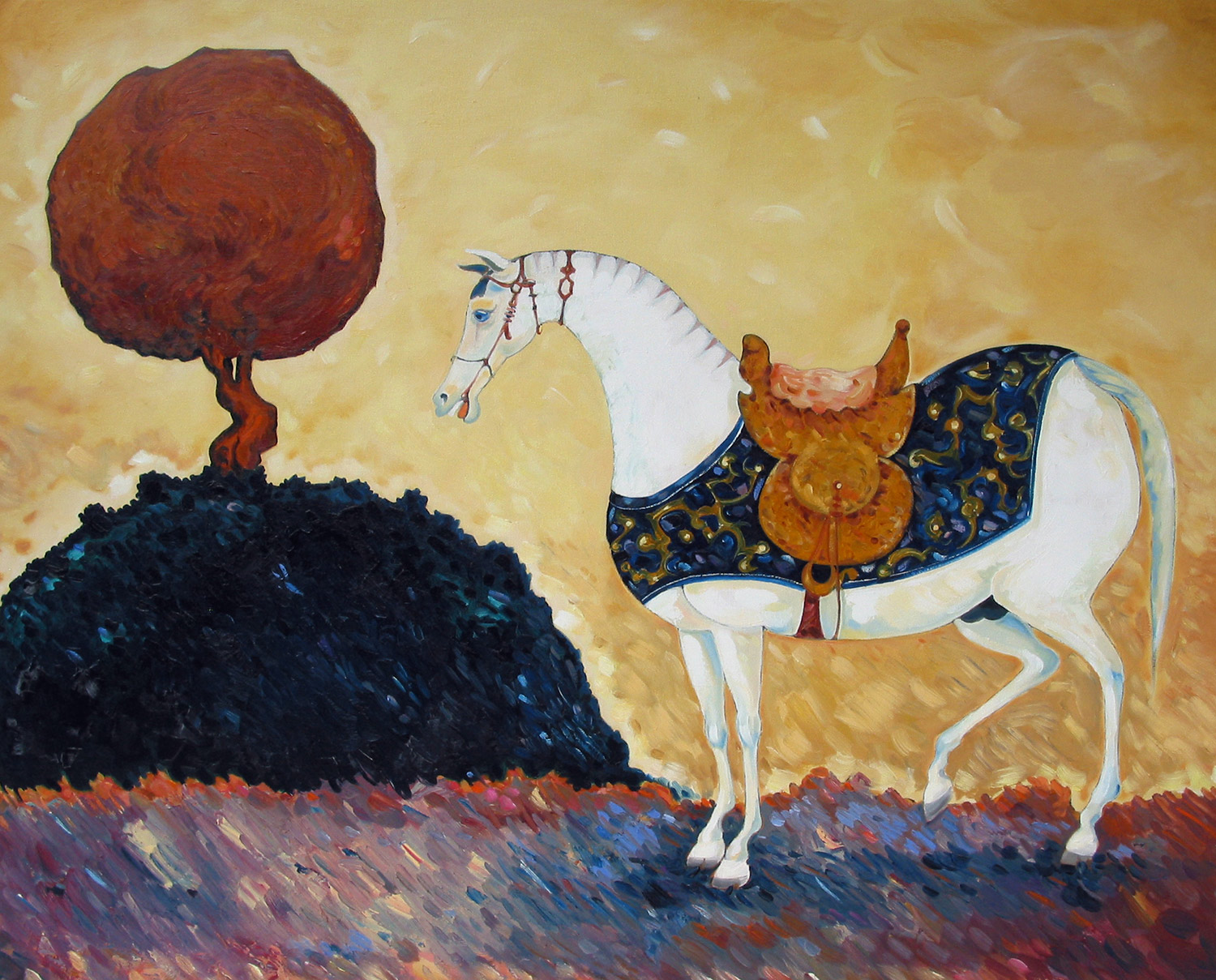  The Walnut Tree &nbsp; ©  Oil on canvas  80 cm high x 100 cm wide  The horse has stepped, unashamedly, out of a Persian miniature. The tree is painted in the style of Van Gogh, but is also of Persian garden extraction.  It owes much to that finely m