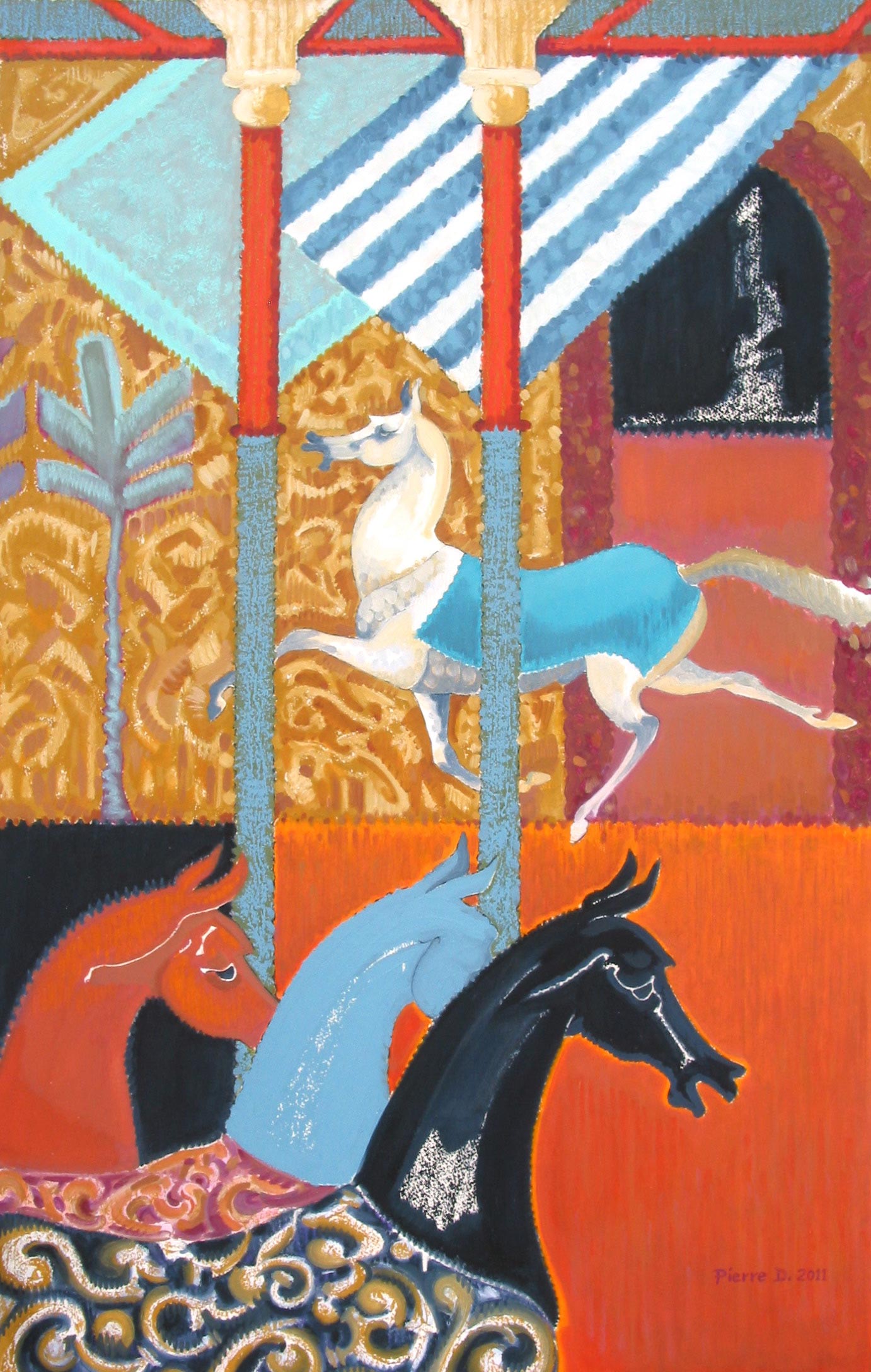 Moghul ll The Turquoise Blanket © Oil on fine paper 96 cm high x 61.5 cm wide A freer horse against a flat, frieze of richly blanketed horses in the foreground, with stark, striped awnings and a brocade backdrop - the composition is a patchwork of textiles.