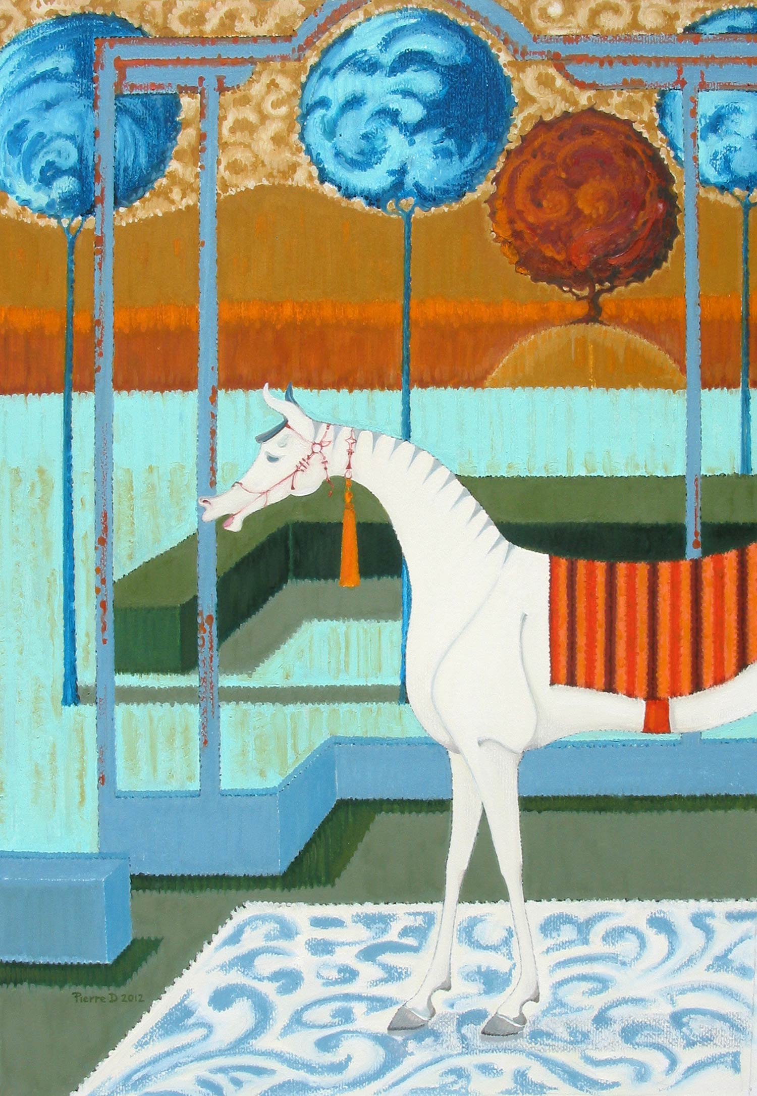 Moghul lV Sultan Stripes © Oil on fine paper 93 cm high x 64 cm wide As in 'The Three Kings' there is an odd perspective, with long vertical lines and angled enclosures. The carpet is placed in an open room so we don't know if we are in or out, and to disorientate further, the horse is on the carpet. 