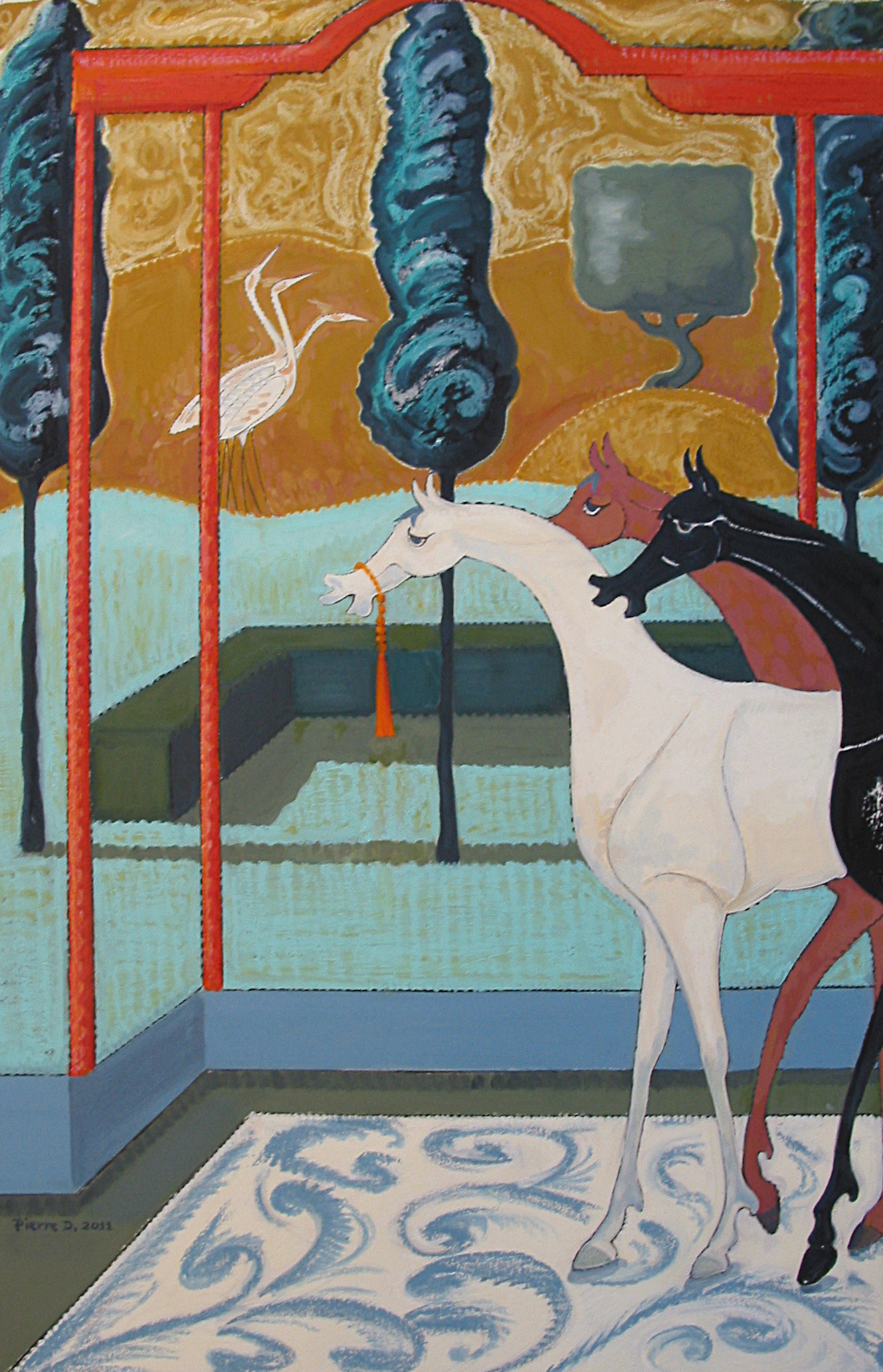 Moghul l the Three Kings © Oil on fine paper 97 cm high x 63 cm wide The Pavilion is of Moghul design and the elongated horses, Persian. The carpet seems oddly placed and painted freely to disturb the classic composition. This open landscape has the curiously still atmosphere of a silent room, which has been hard to recapture in other paintings.