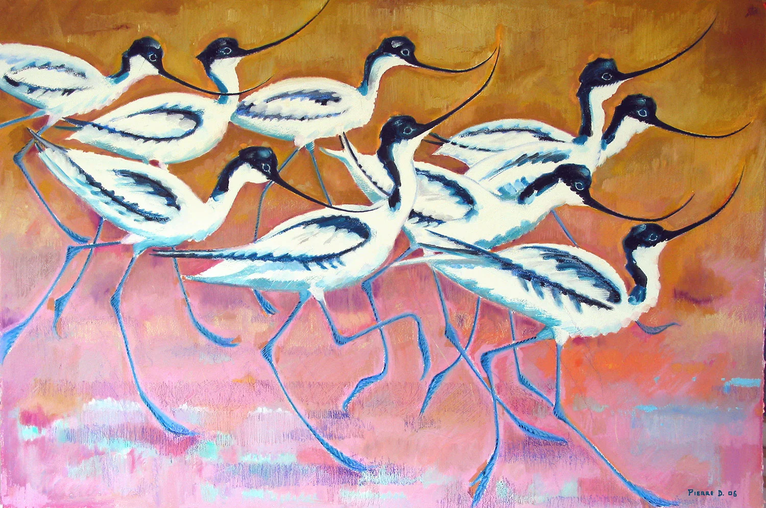 Avocets © Oil and oil pastels on fine paper 80 cm high x 120 cm wide