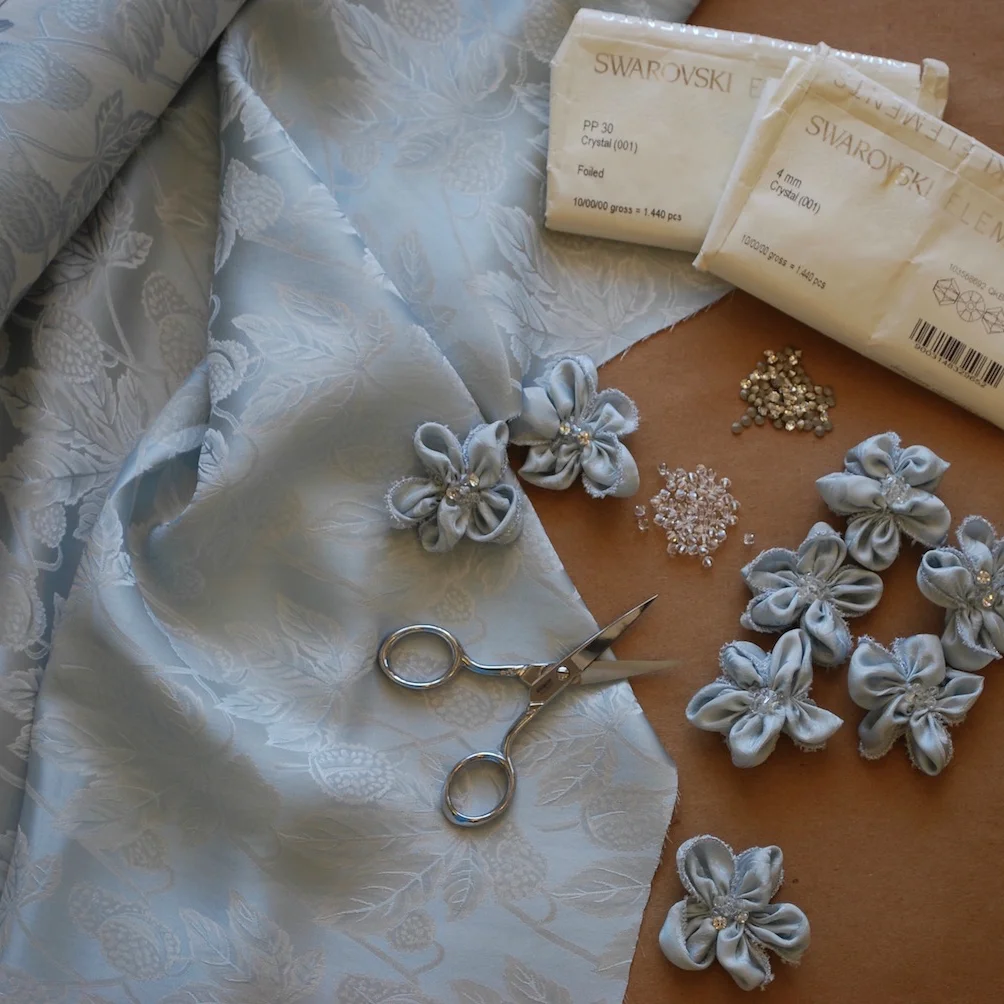 Brielle puts great thought into every gift she gives. She wanted the packaging to be special for her bridesmaid invites. In place of a bow, we made flowers from the iced blue silk jacquard fabric we would use to design her engagement skirt. Han…