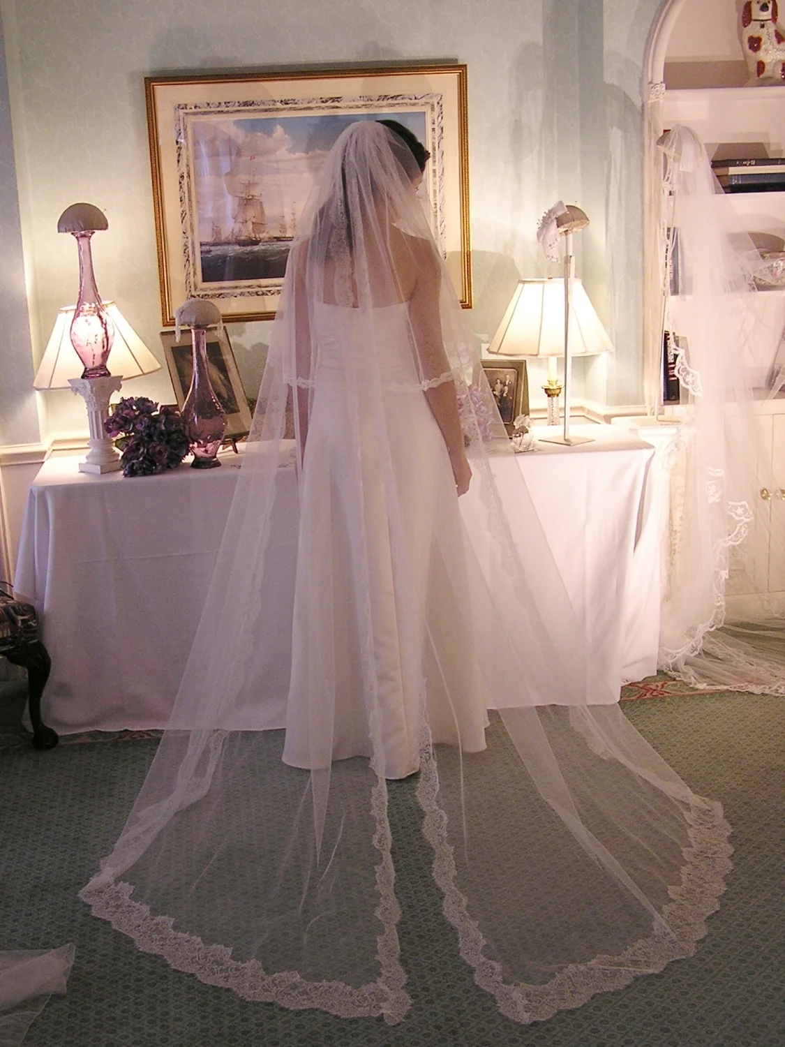 Aubrey modeling our French lace spilt veil at the Waldorf Astoria for Bridal Fashion Week in 2008.