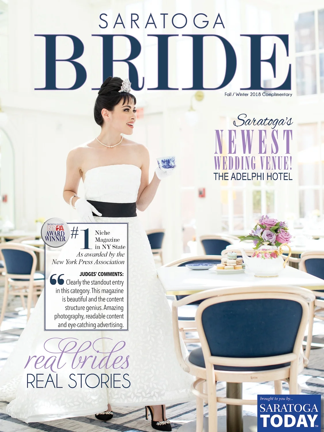The Audrey Hepburn photo shoot we did with Something Bleu Bridal for Saratoga Bride magazine will always be among the best. This edition recently won its fourth award and our Breakfast at Tiffany’s inspired headpiece made the cover.