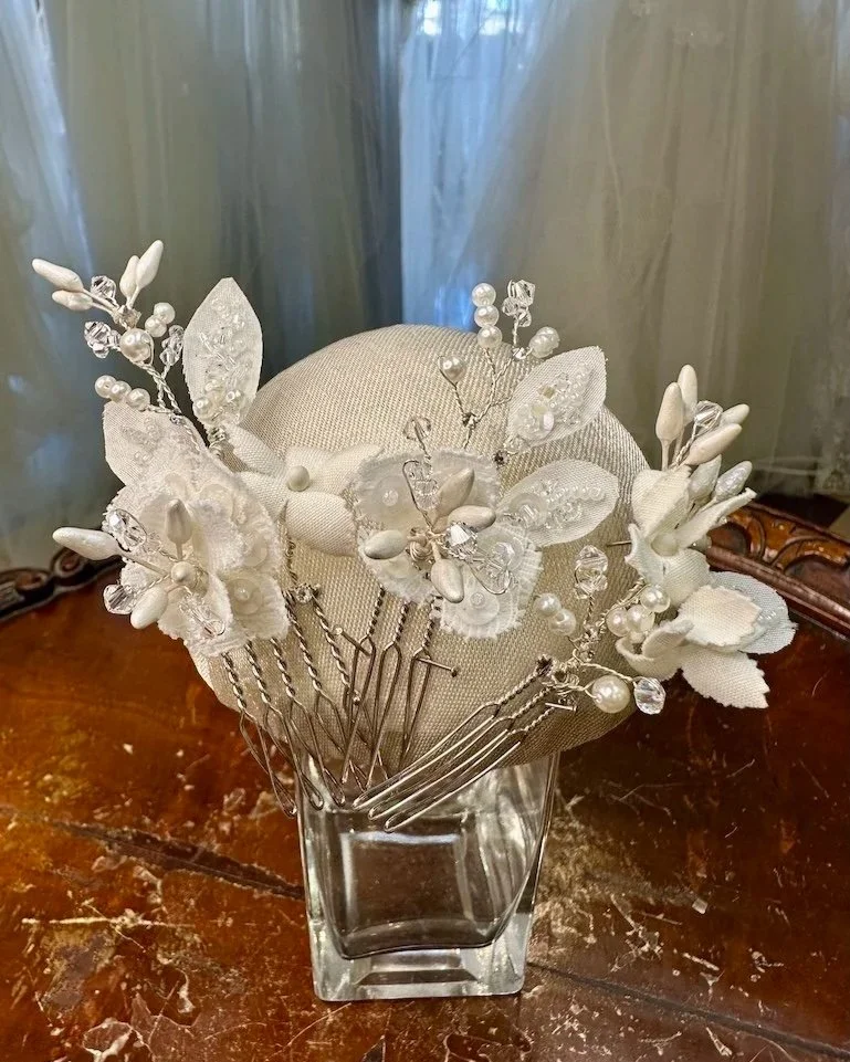 Gorgeous set of three floral and crystal bridal accessories restyled from mom's vintage headpiece.
