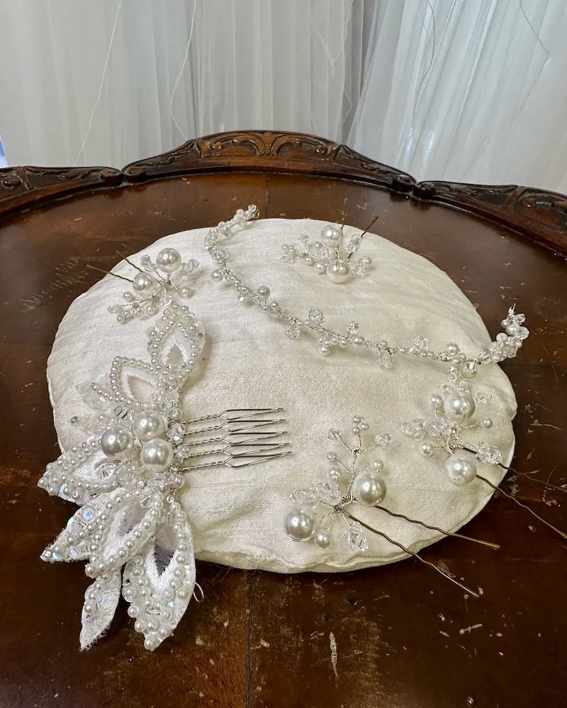 1989 bridal headpiece repurposed to several bridal accessories.