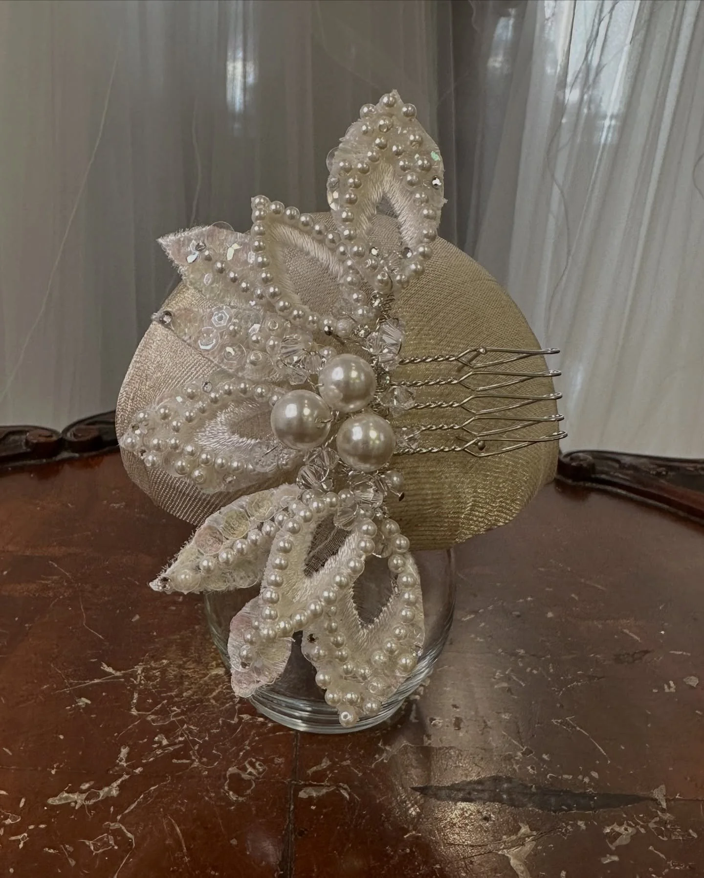 Brianne wanted to repurpose her mom&rsquo;s 1989 headpiece and veil into bridal accessories for her wedding. There were enough vintage elements to design a hairpiece for her ceremony, headband for her rehearsal dinner, and hairpins for her bridesmaid