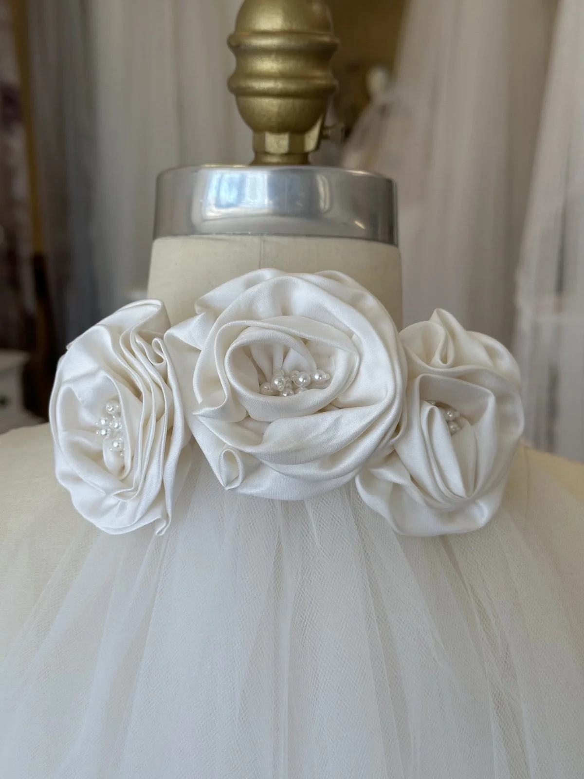 Vintage satin flower wedding veil restored from 1998.