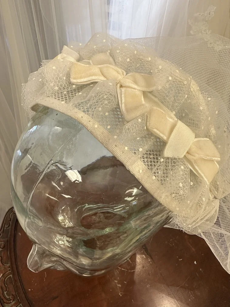 1953 Swiss dot velvet bow headpiece on millinery frame