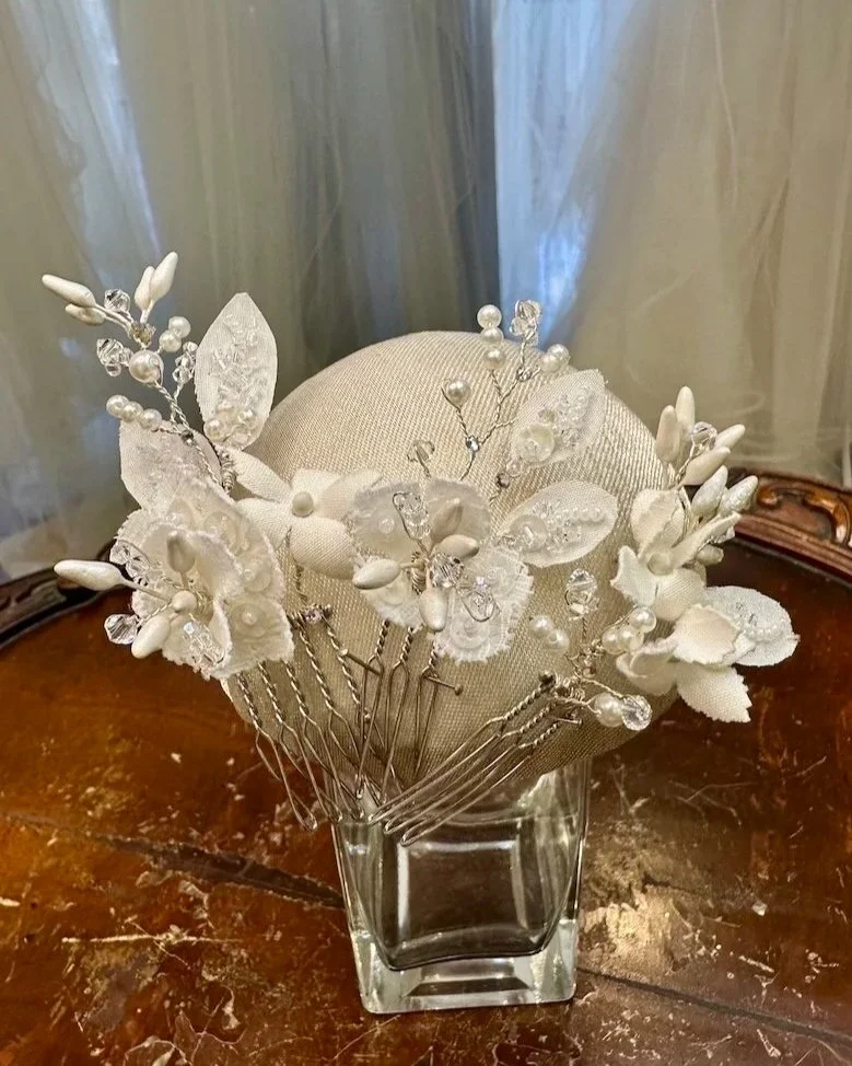 Stunning bridal hair accessories designed from old discolored 80s headpiece.