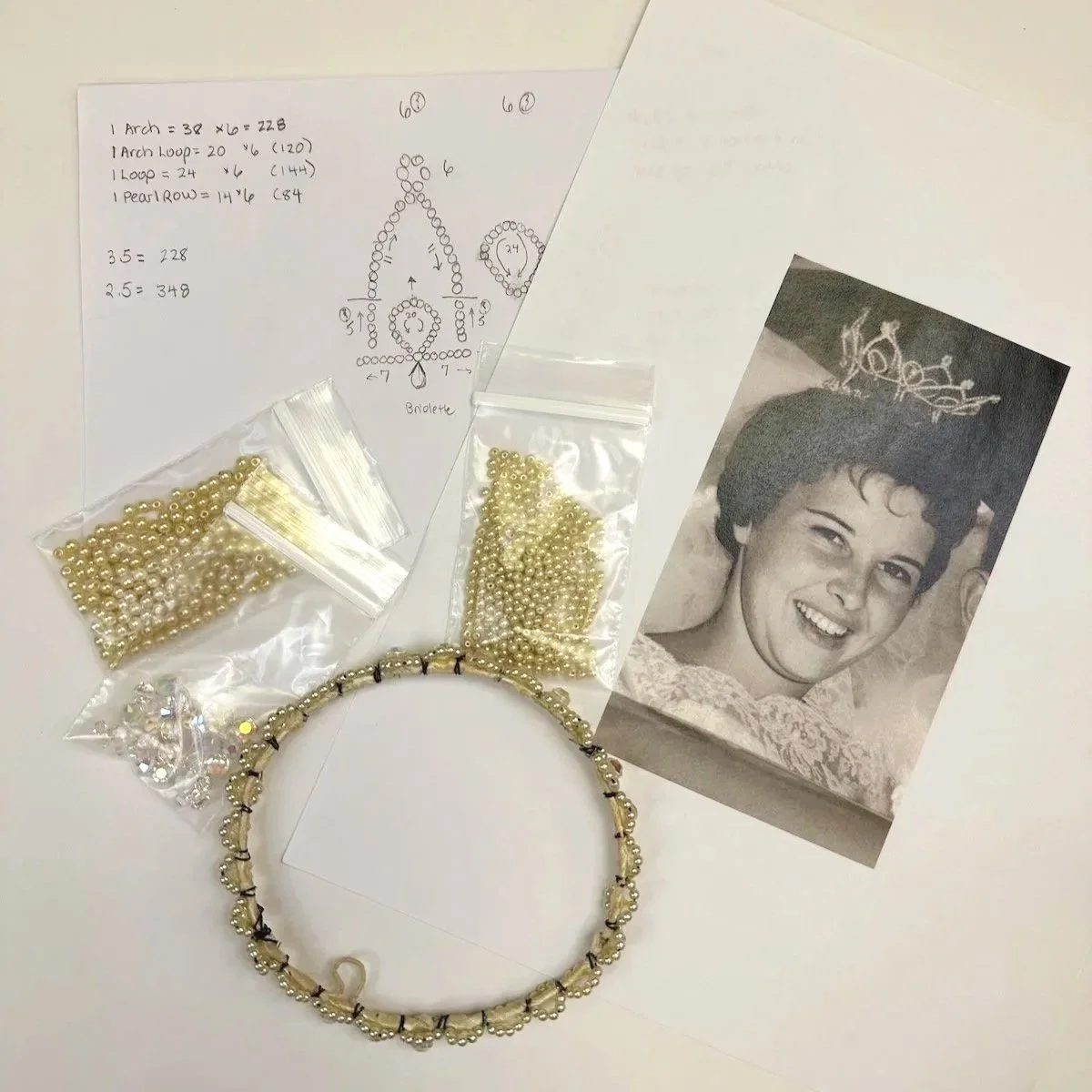 Original pearls and crystals with a design sketch ready to recreate a 60s wedding crown.
