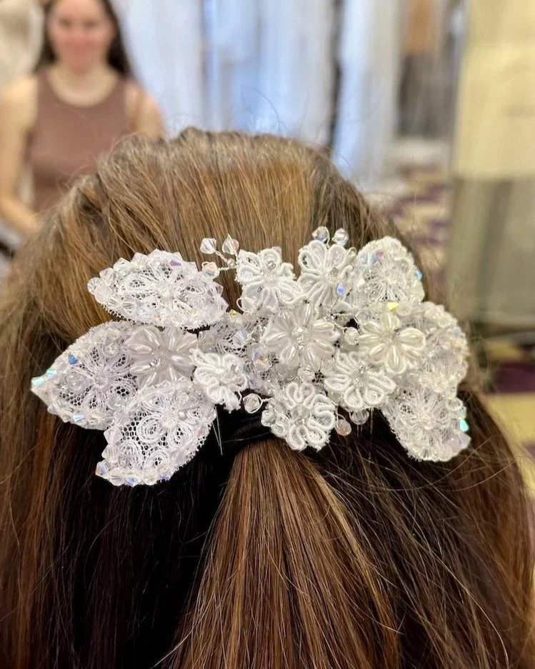Repurposed 1987 lace bridal headpiece restyled to laace crystal hair comb worn on back of head