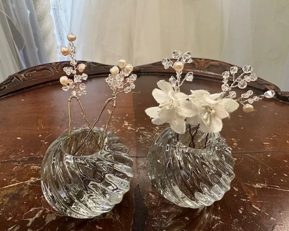 Custom hairpins designed for the mother of the bride and maid of honor designed from mom's vintage headpiece.